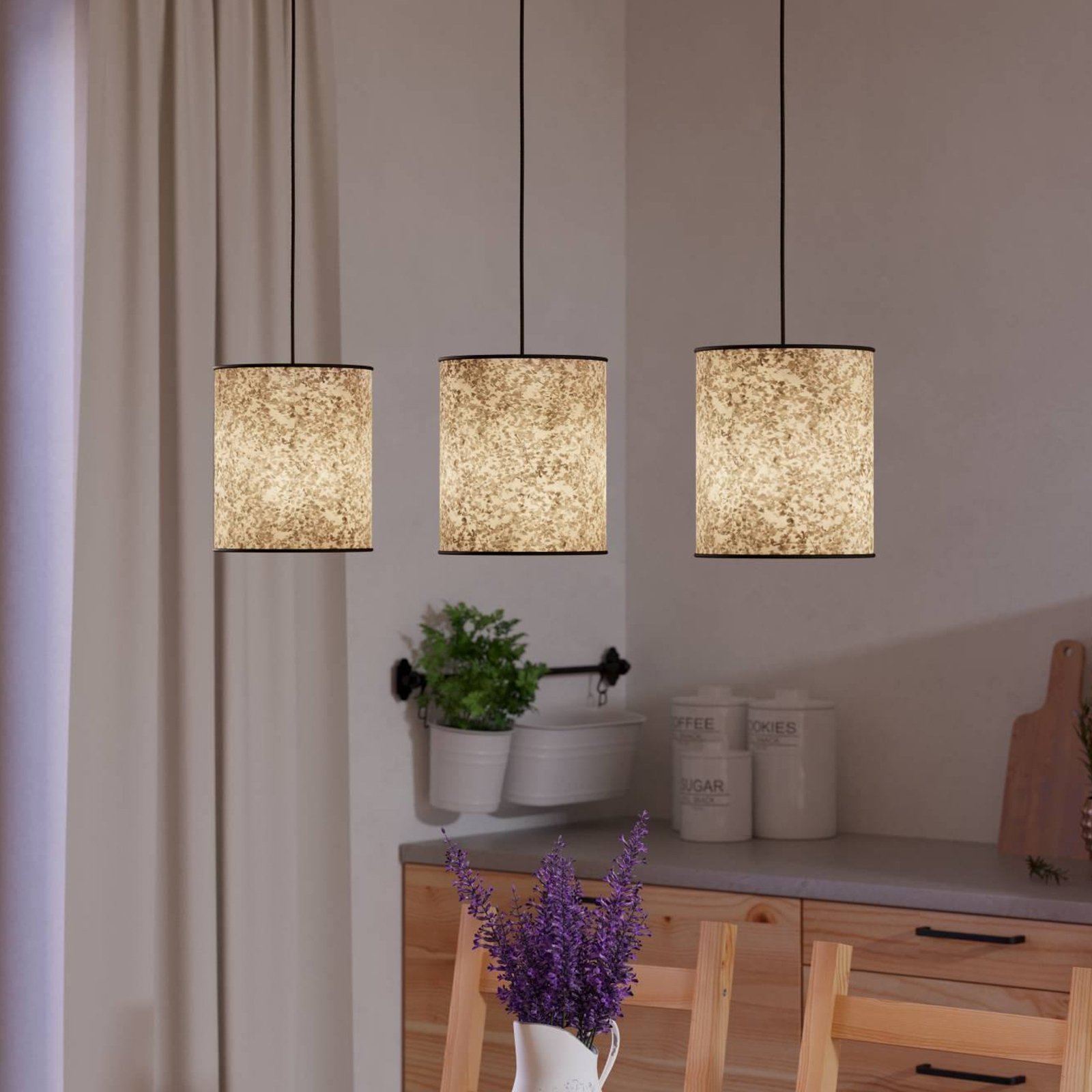 Butterburn hanglamp, lengte 86 cm, beige/groen, 3-lamps,