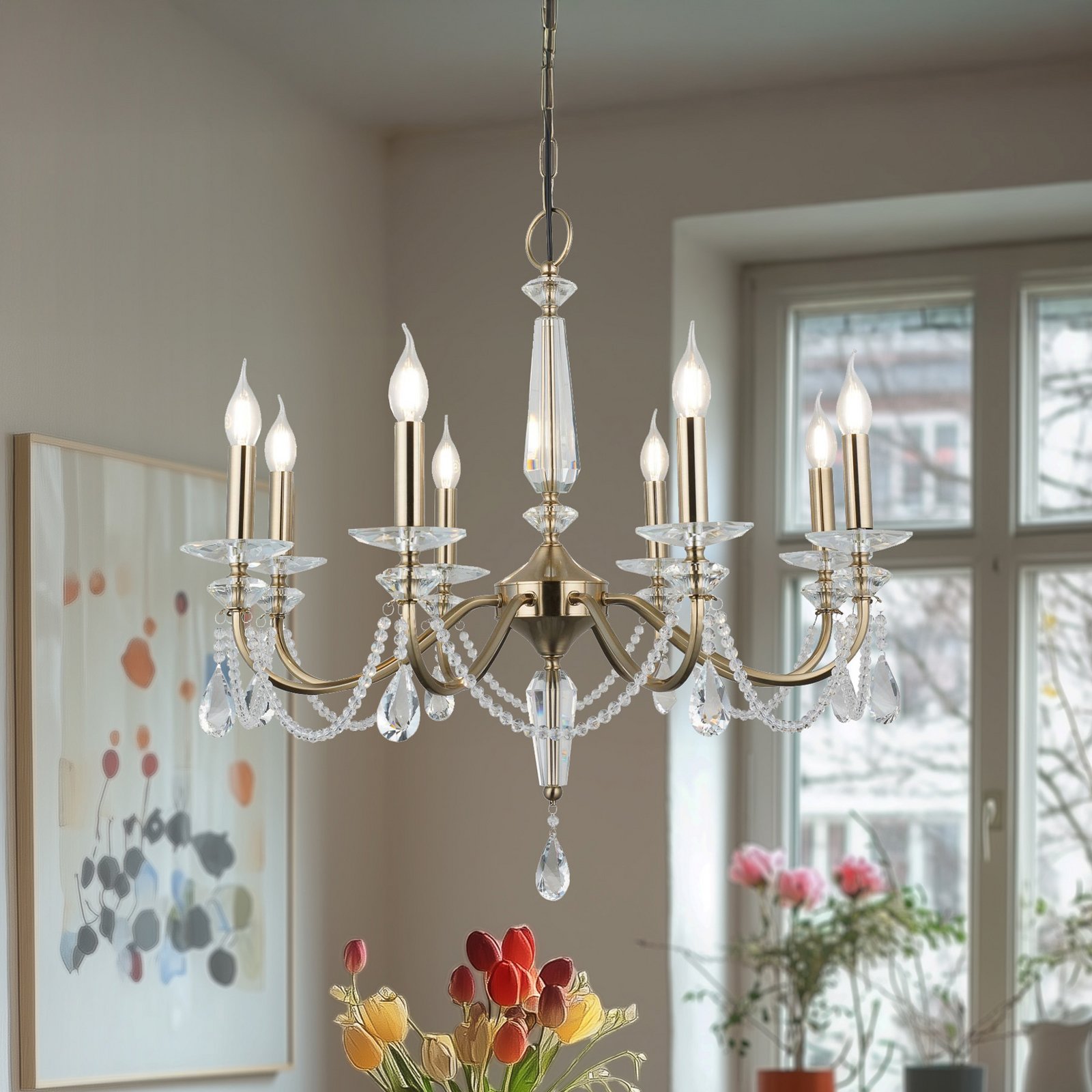 Lustre Adone, rond, 8 lampes, laiton, verre cristal