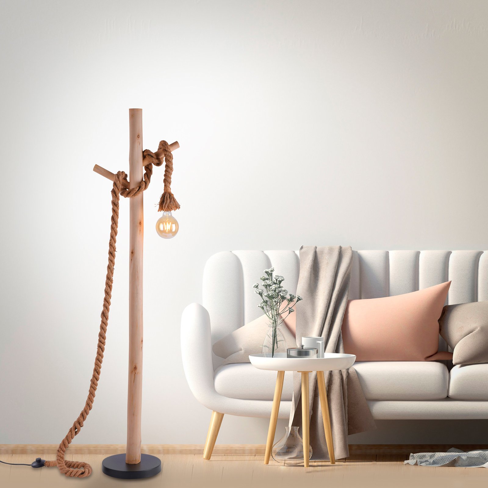 Rope floor lamp with rope and wood, 1-bulb