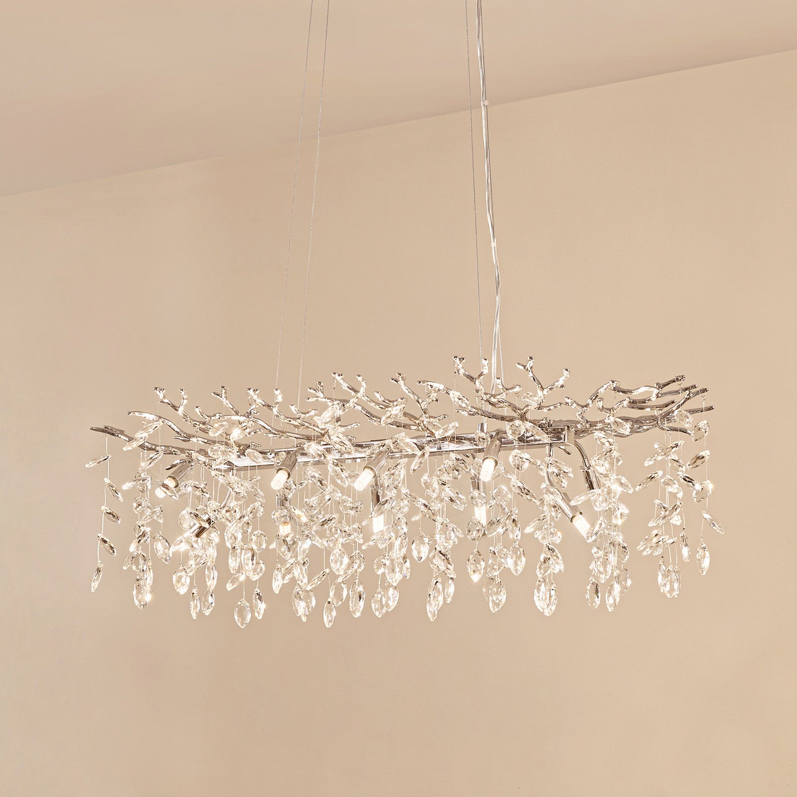 Lucande Bellora pendant light, 101 cm, stainless steel, crystal