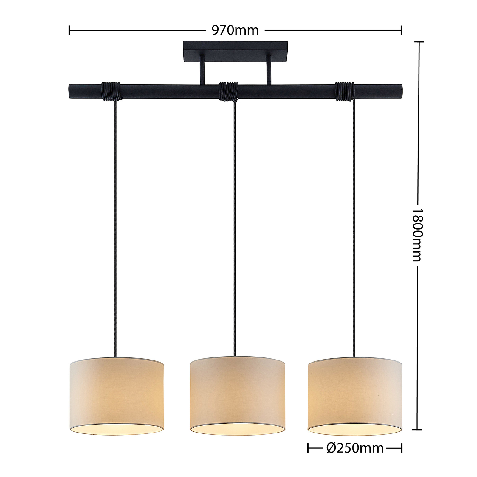 Wolkenkrabber Westers cafe Lindby Meeno stof-hanglamp, wit, 3-lamps | Lampen24.nl