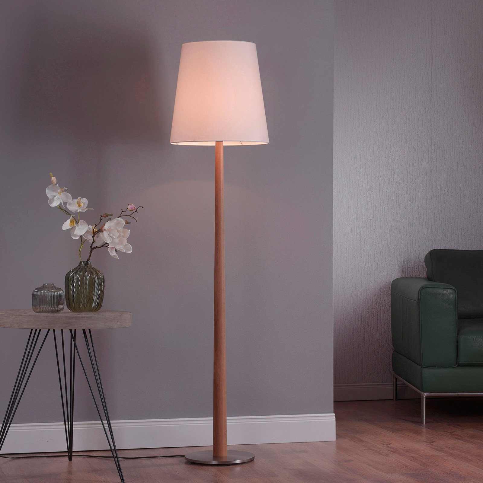 Lucande Elif floor lamp conical natural oak, white, for Living / Dining Room, steel, chintz, oak, E27, 40 W, energy efficiency: A++, H: 160 cm