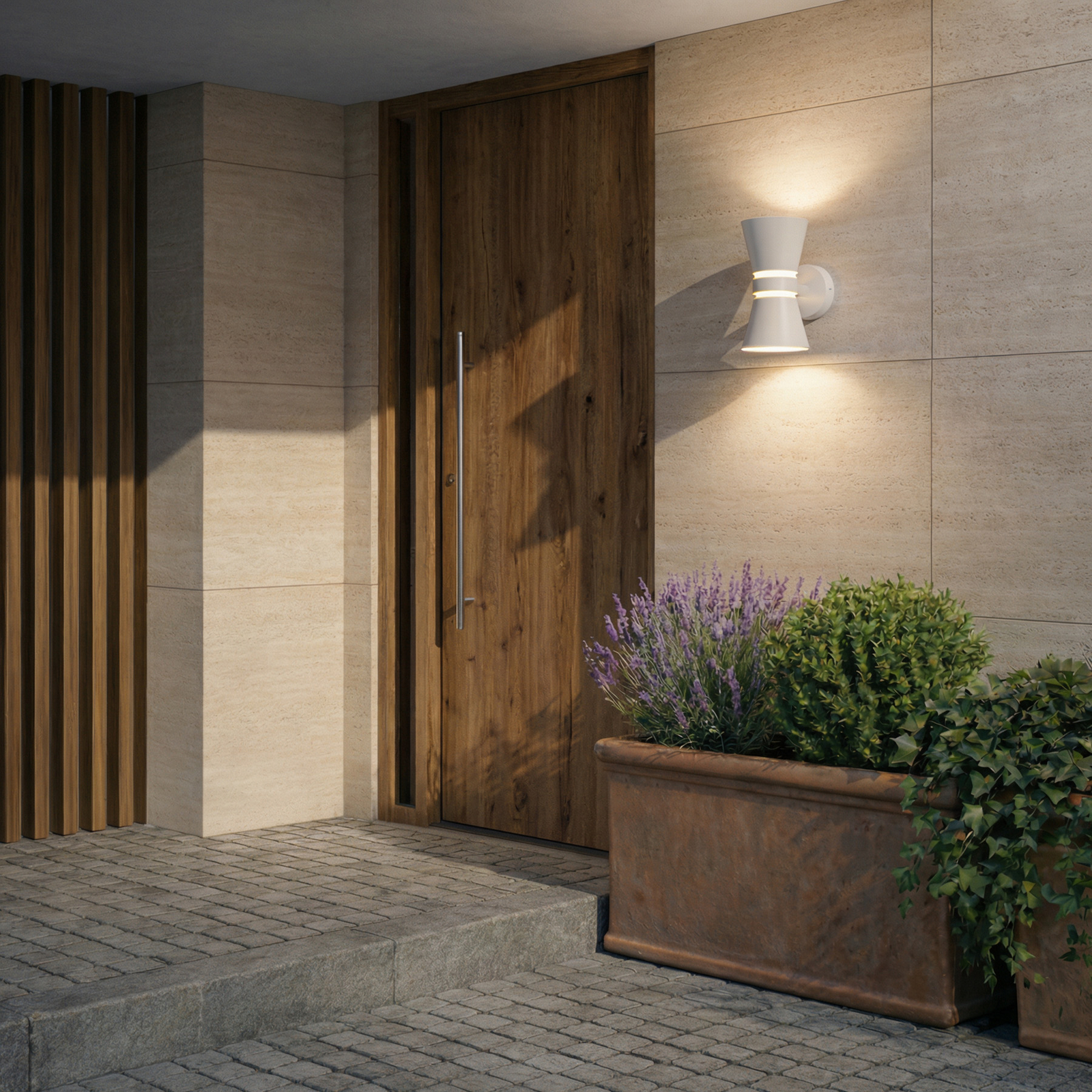 Lucande LED външна стенна лампа Meravi, бяла, с 2 лампи, IP44