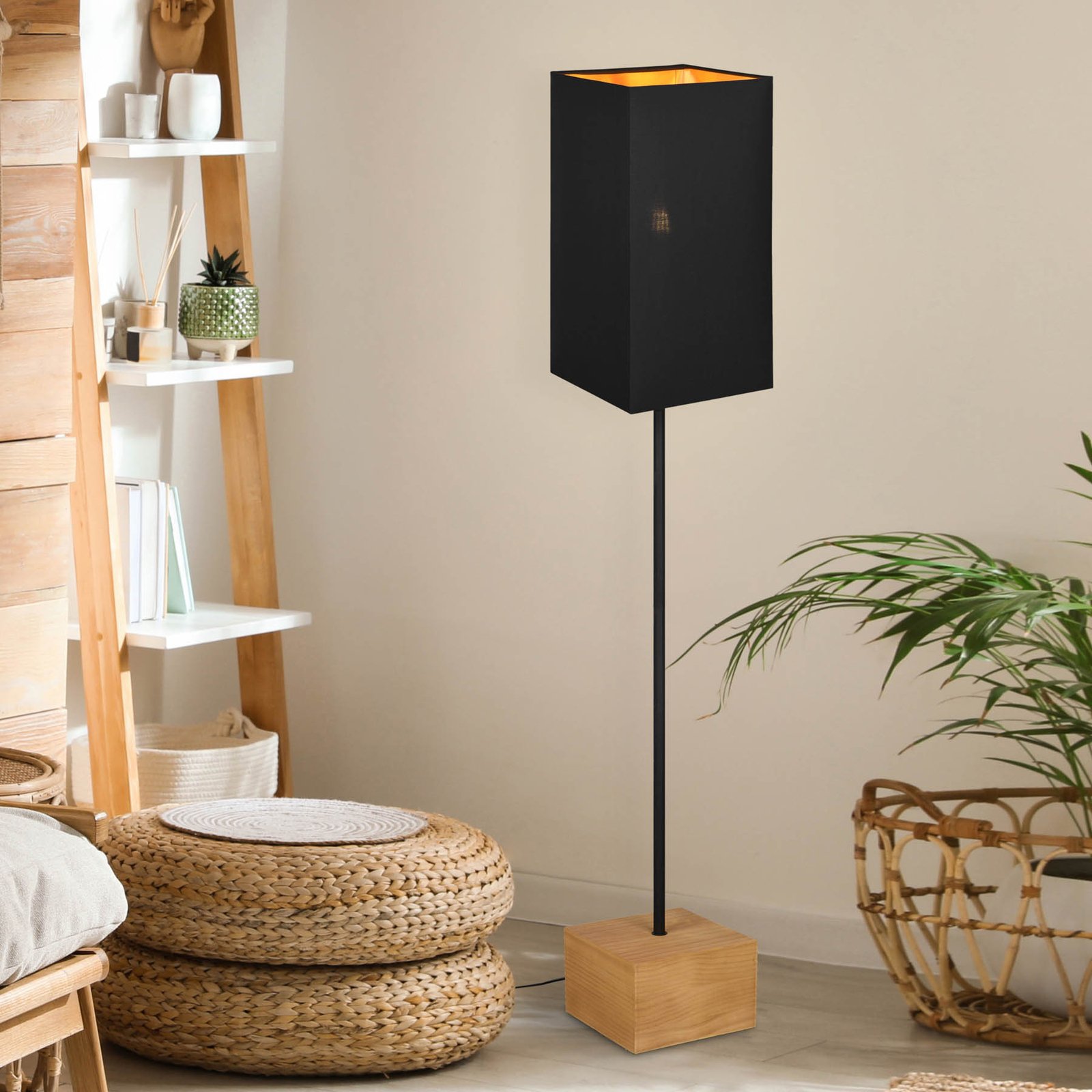 Woody floor lamp, natural wood, fabric, cuboid