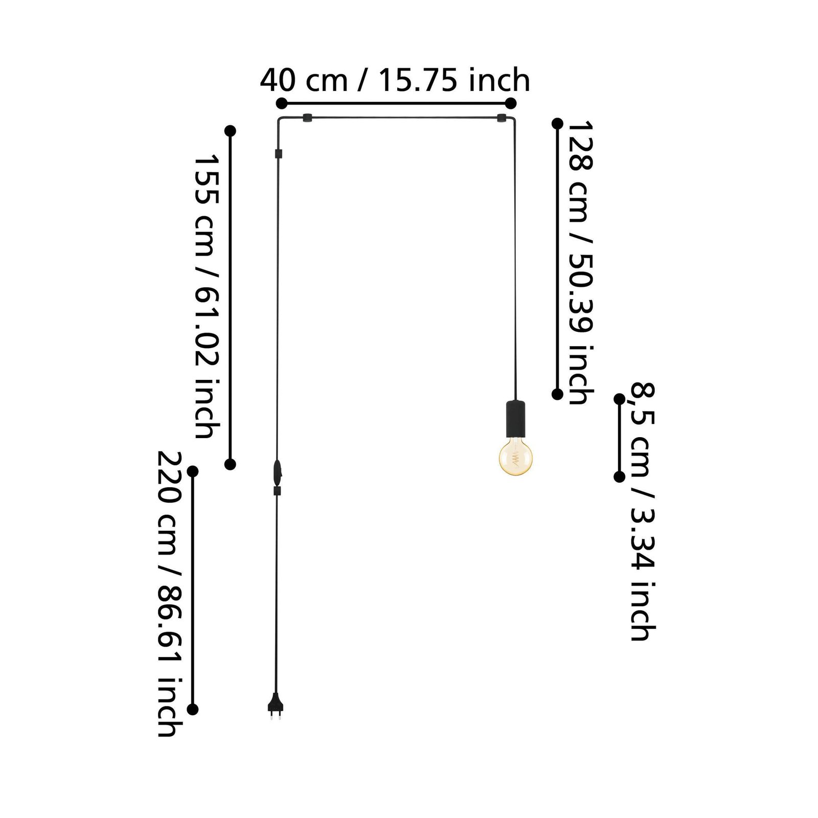 Závesné svietidlo Pinetina, projekcia 40 cm, čierne, zástrčka