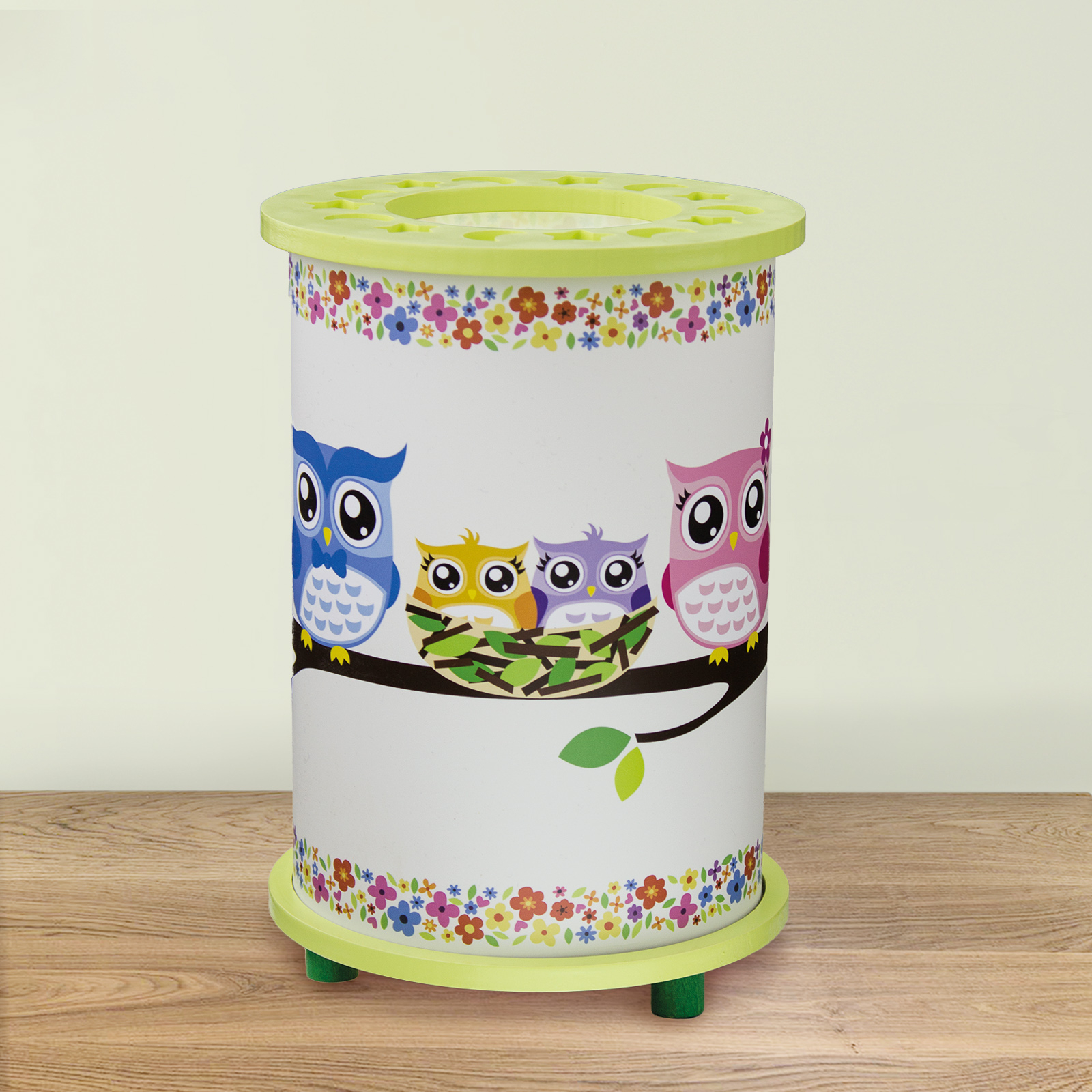 Elobra Green Owl children’s table lamp, for Children's Room, wood, plastic, E14, 40 W, energy efficiency: A++, H: 25 cm