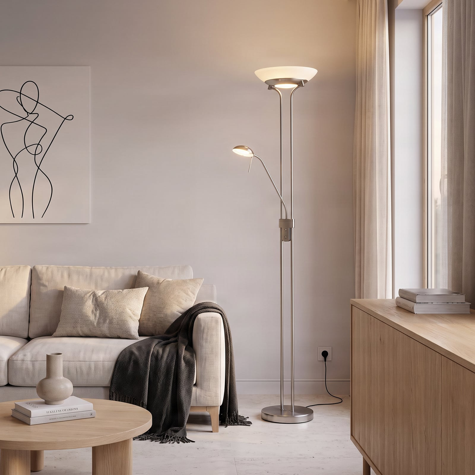 Lampa stojąca Yveta, nikiel/biała – Lindby Lampa stojąca Yveta, nikiel/biała – Lindby