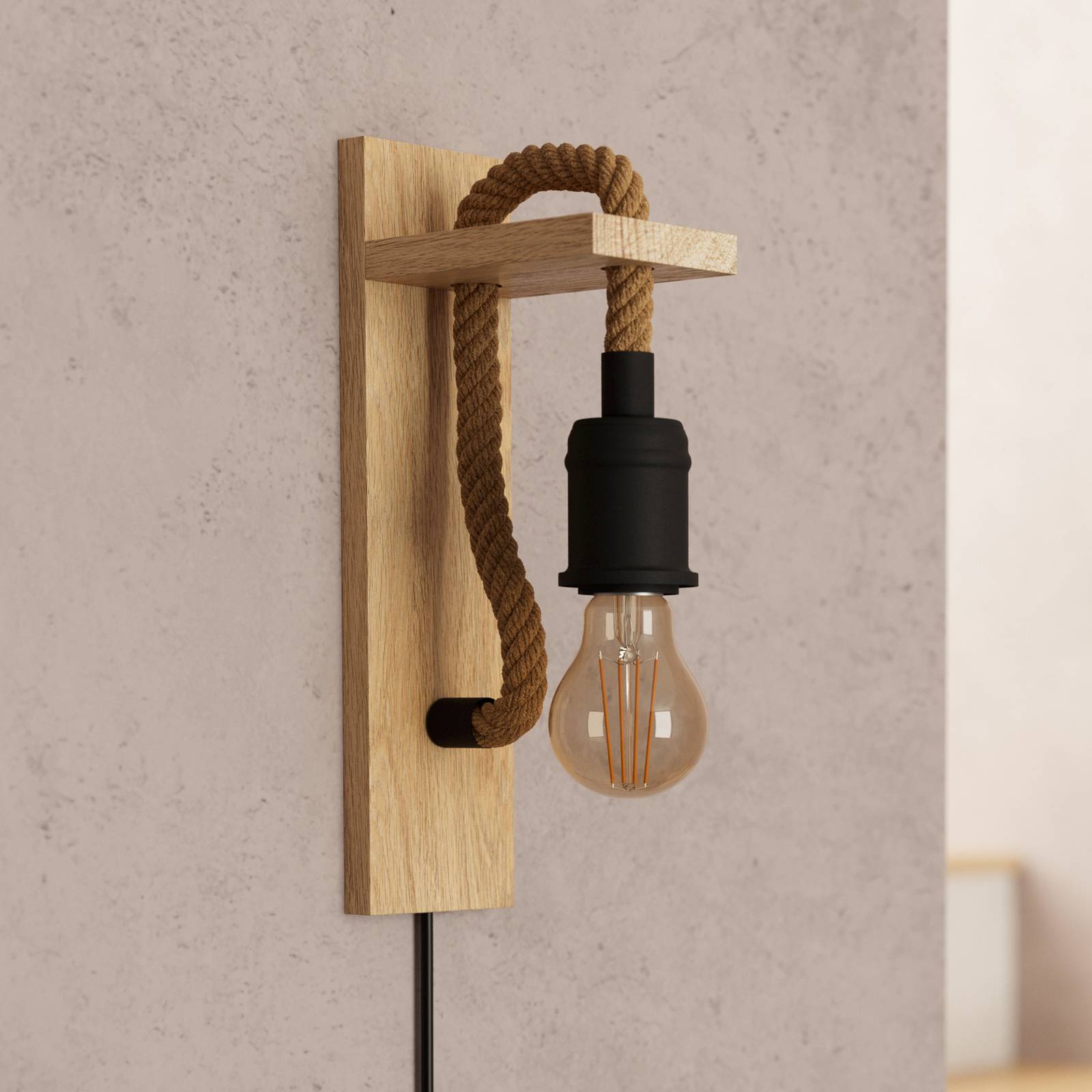 Wandleuchte Rampside aus Holz und Seil, schirmlos günstig online kaufen