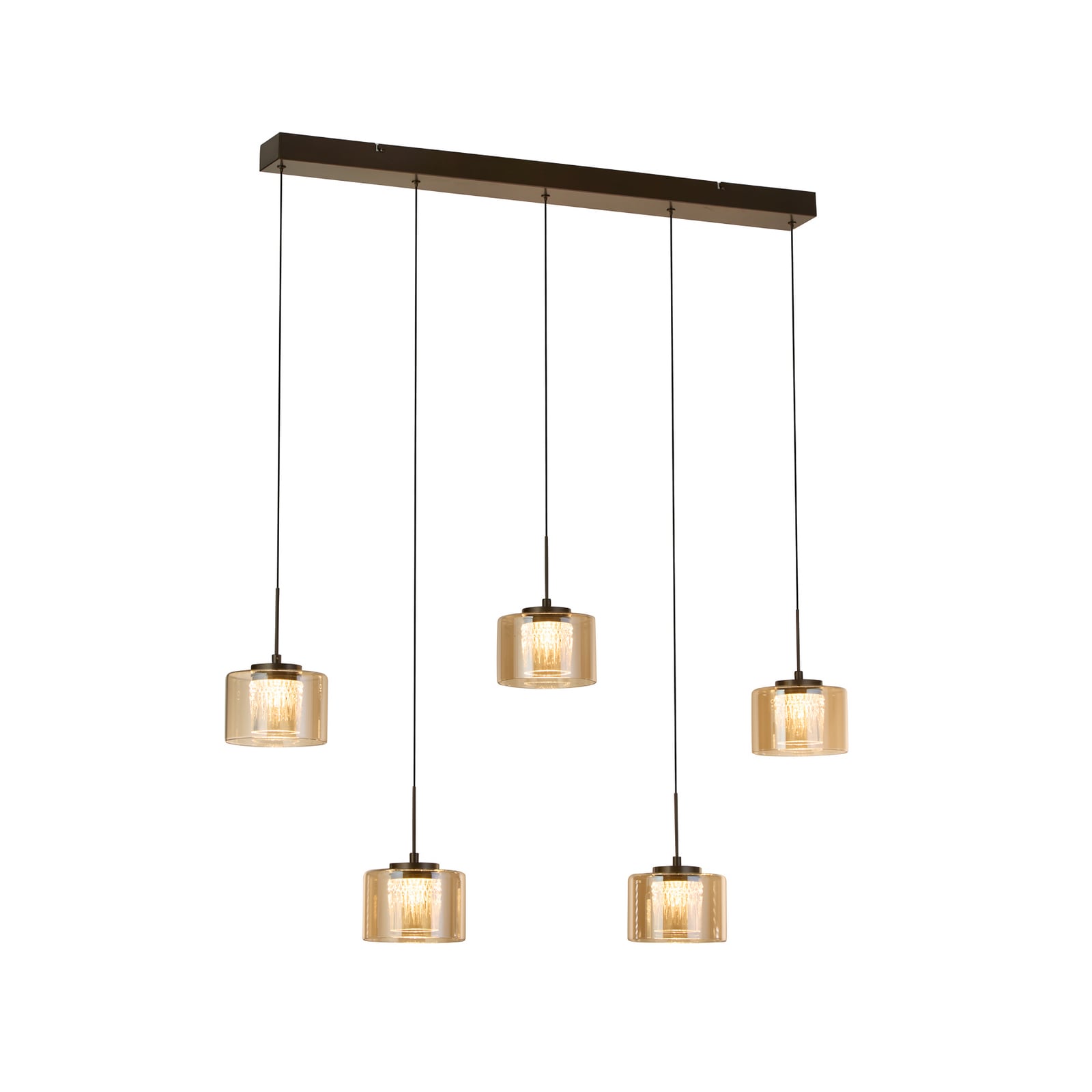 LED-Hängeleuchte Tumblers, 5-fl. lang, bronze, Glas, 3.000 K