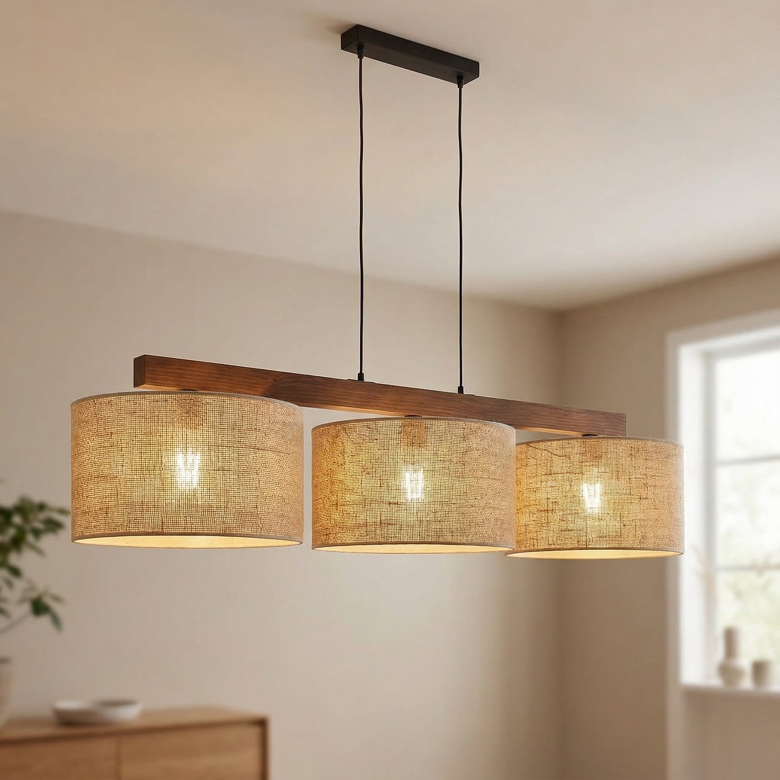Jute hanglamp 120 cm 3-lamps balk hout