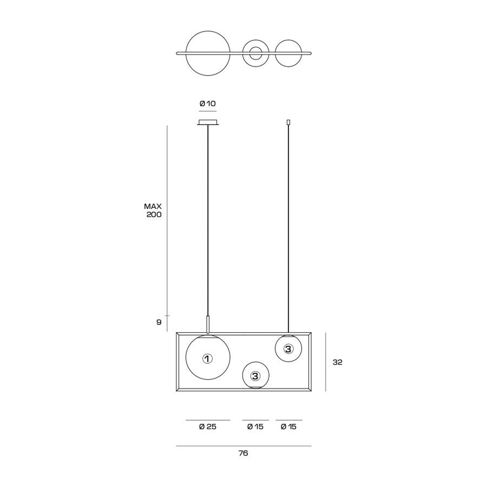 Suspension Buble, couleur acier, 3 lampes, verre