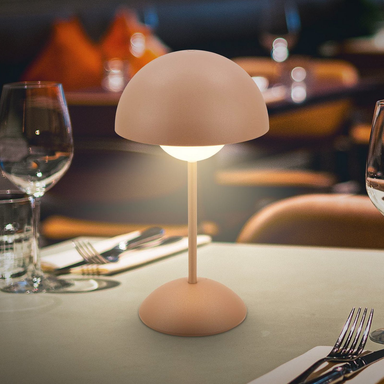 LED акумулаторна настолна лампа Kugle, кафява, метал, IP44, с димер