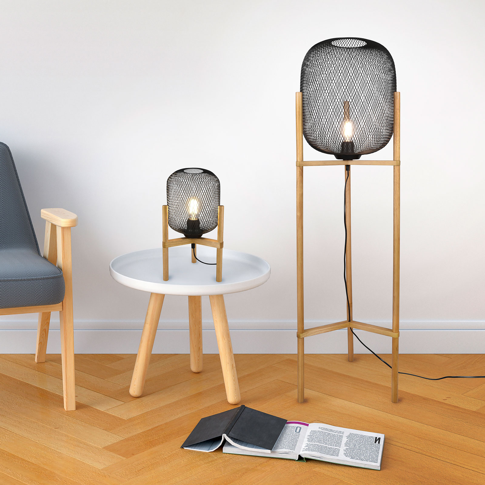 Calimero floor lamp with a tripod wooden frame