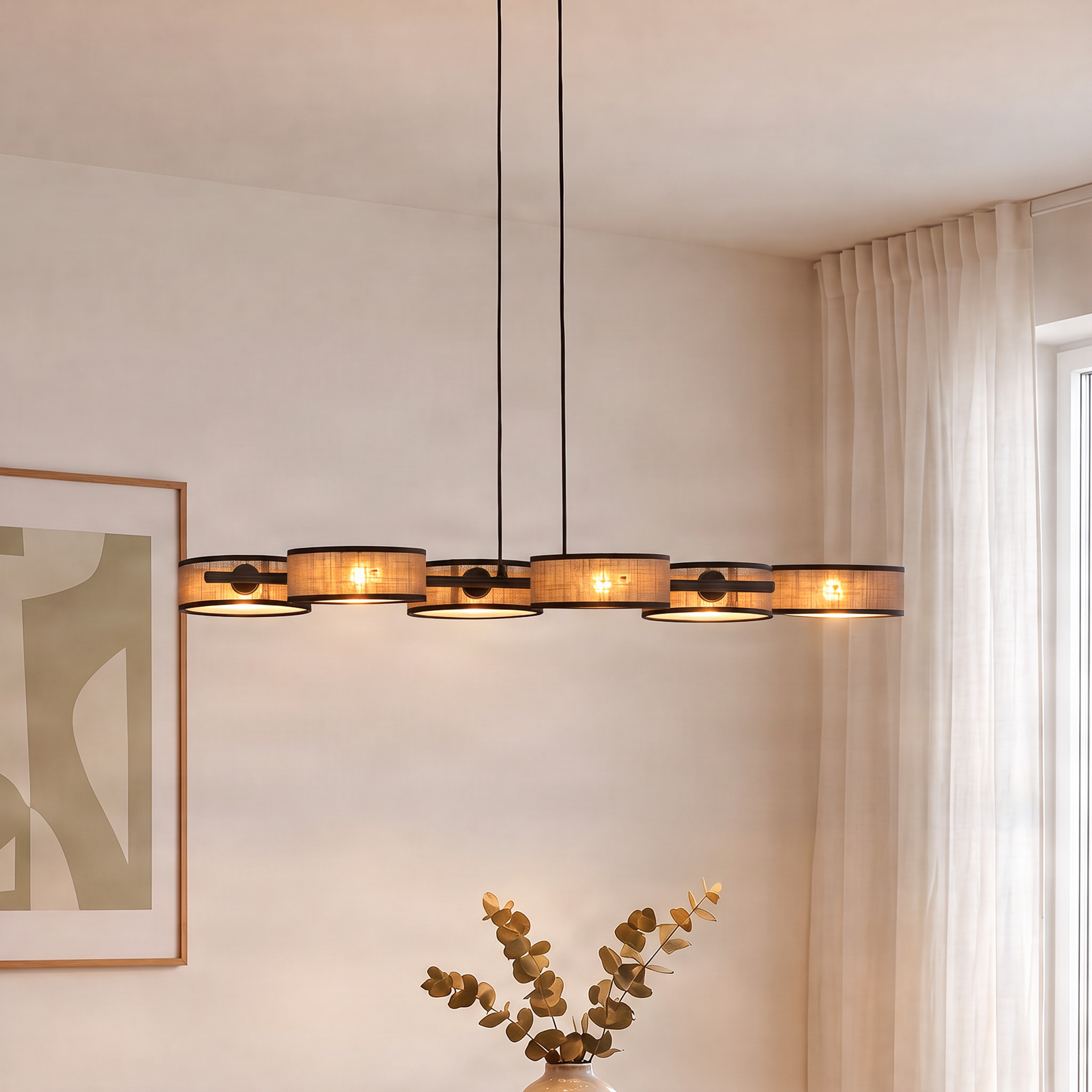 Suspension DRUMZ, marron, longueur 100 cm, à 6 lampes, tissu, E14