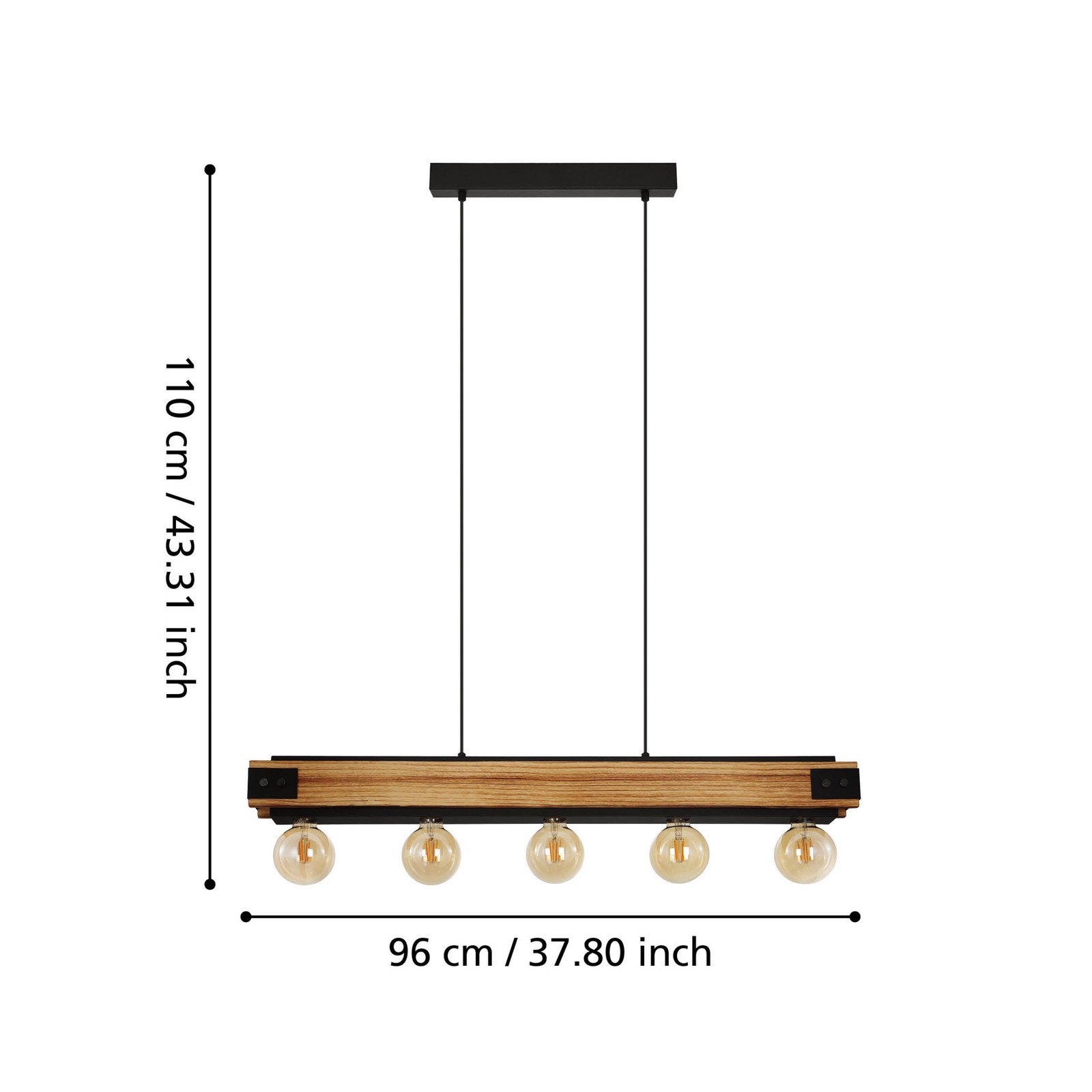 Hängelampe Layham, schwarz/holz hell, Länge 96 cm, 5-flg.