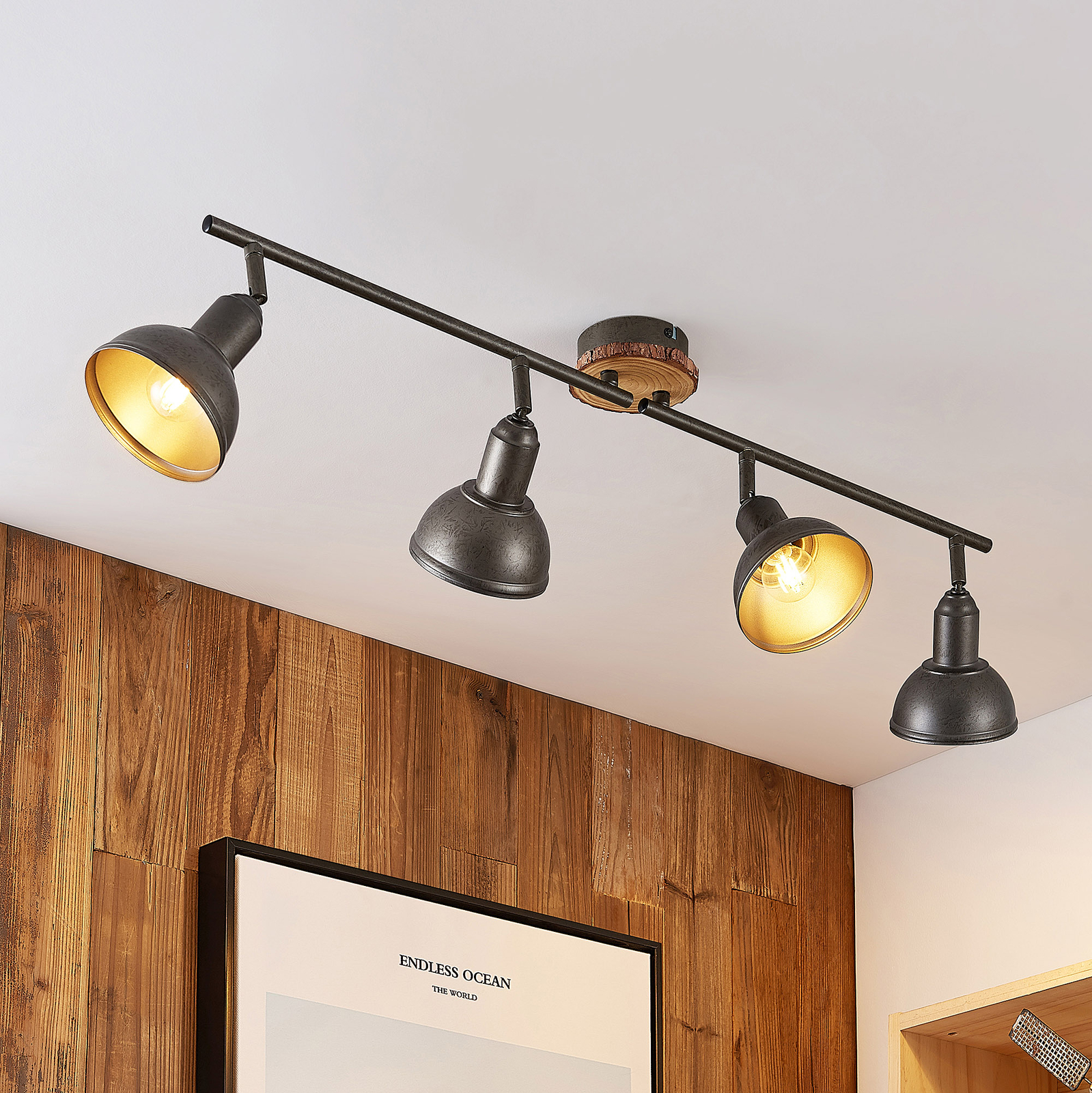Lindby Nesrin ceiling lamp with wooden disk 4-bulb