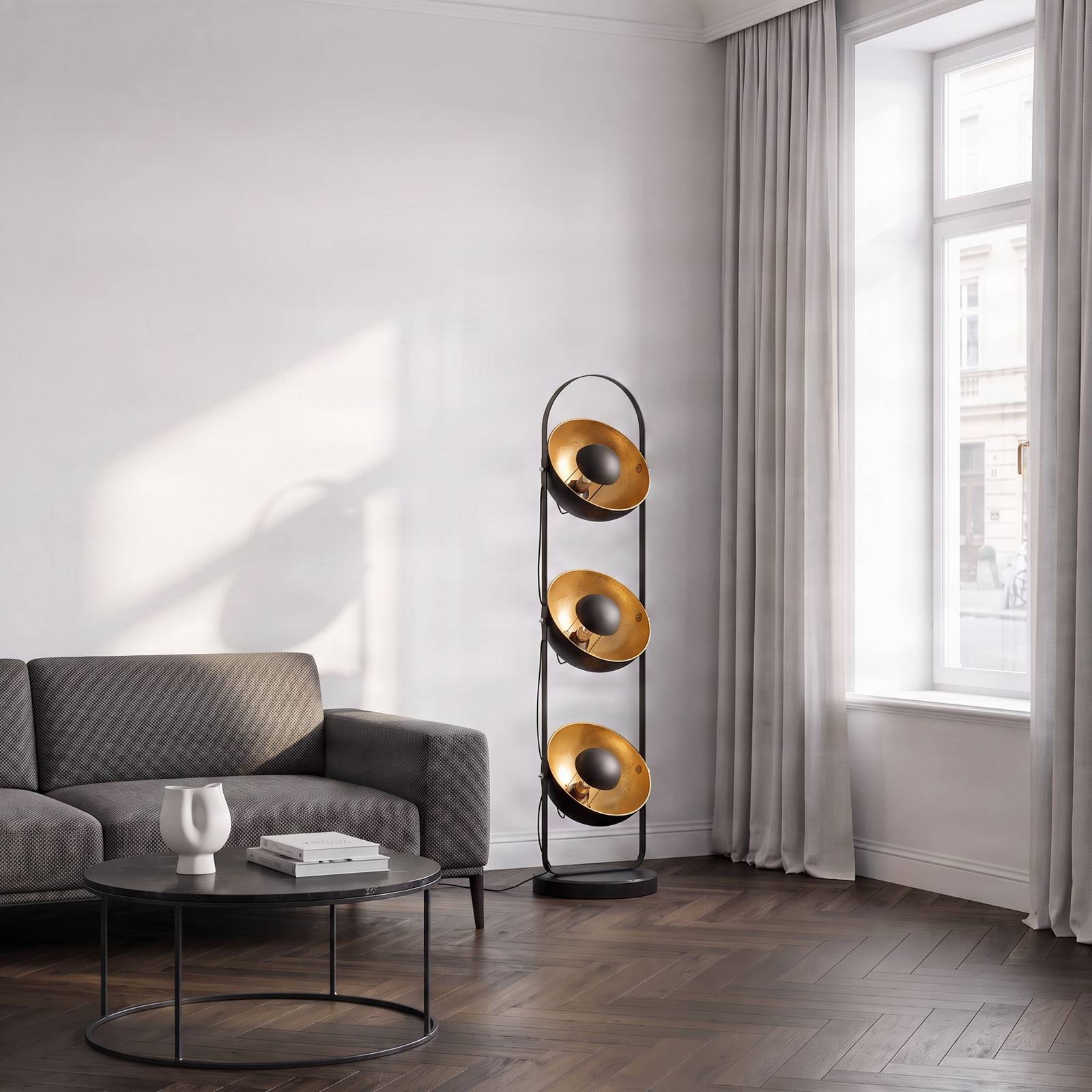 Lampa stojąca Lindby Muriel, 3-punktowa, czarny/złoty, metal