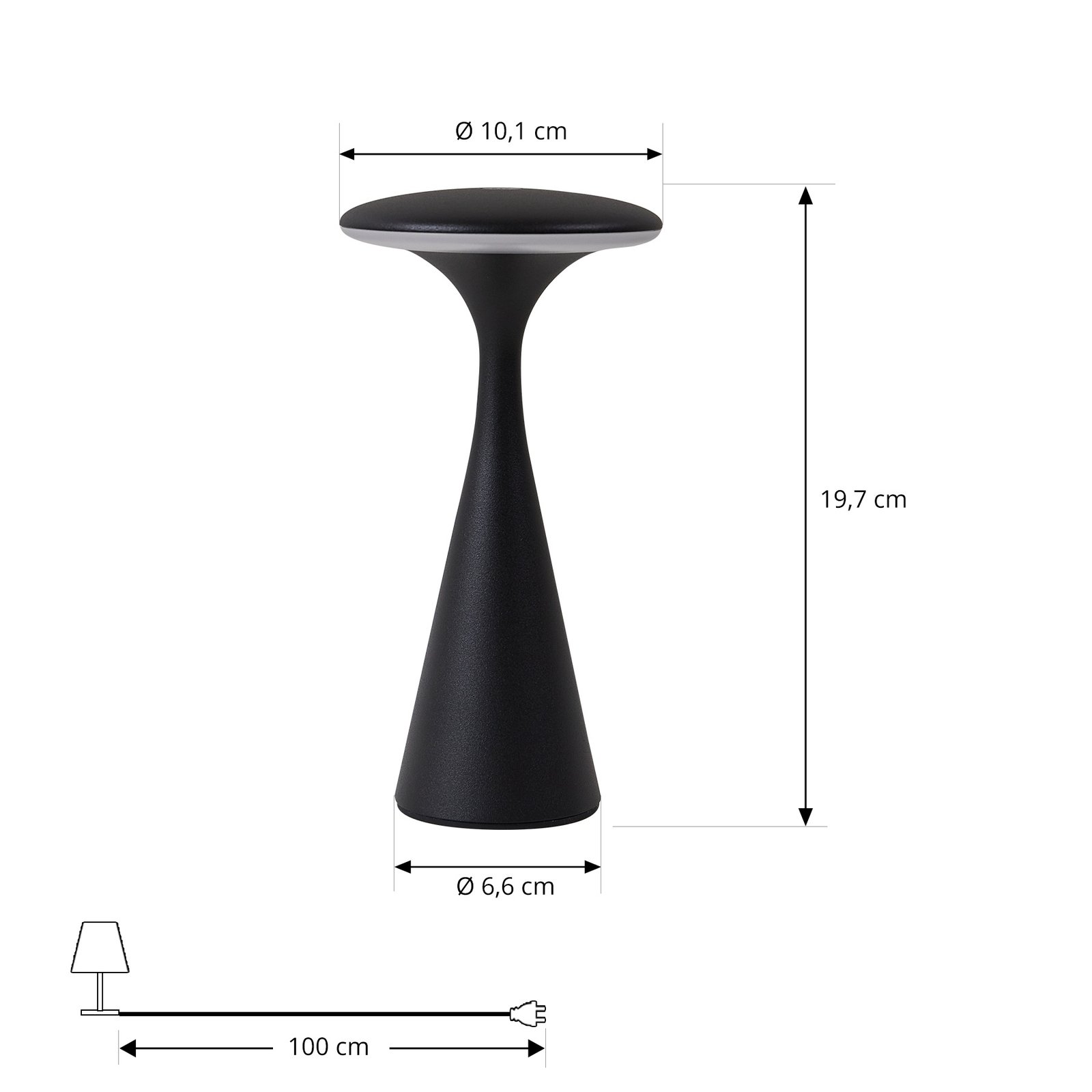 Lindby Lámpara de mesa LED recargable Evelen, negra, IP54, CCT