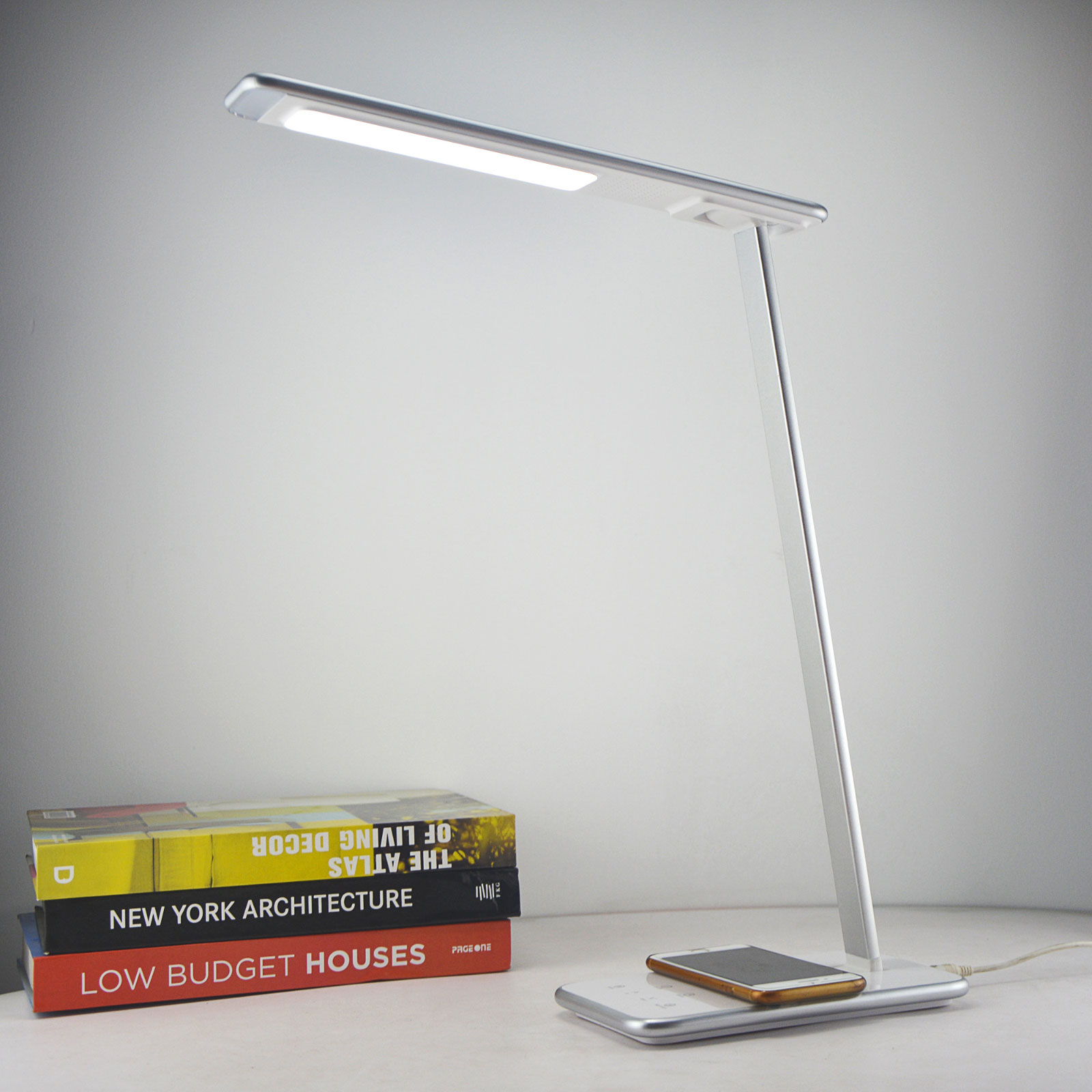 Aluminor Orbit LED desk lamp with induction, silver, for Workroom / Office, plastic, steel, 10 W, energy efficiency: A+, L: 12.6 cm, H: 45.5 cm