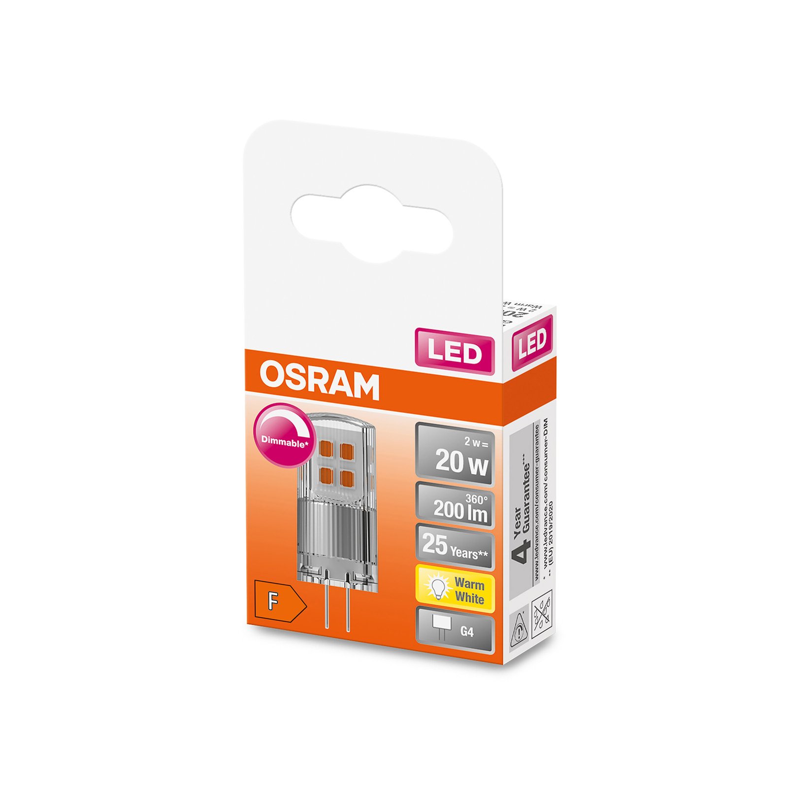 OSRAM PIN 12V LED stiftlamp G4 2W 200lm dimbaar