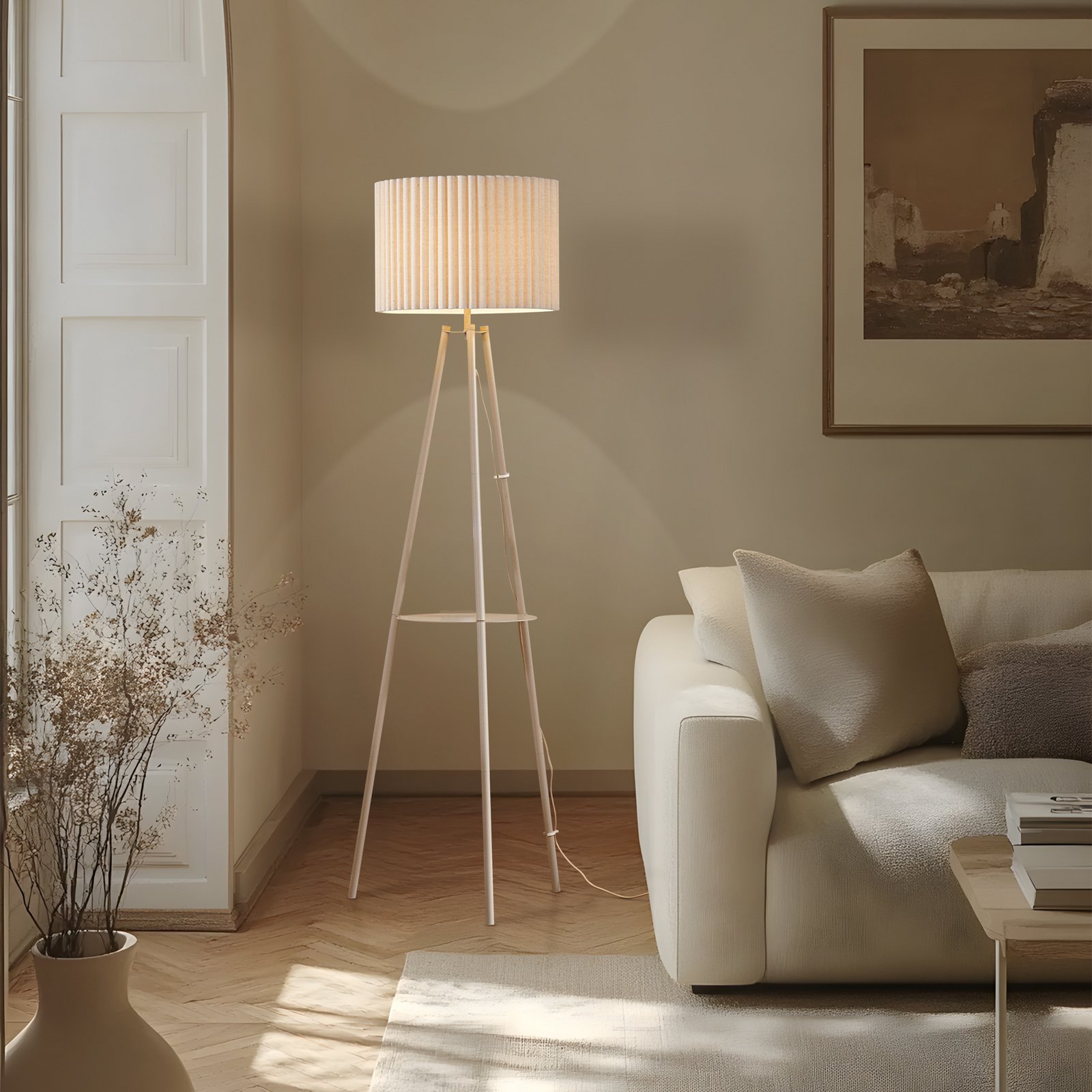 Lindby driepoot vloerlamp Libbie, 155 cm, linnen, crèmekleurig