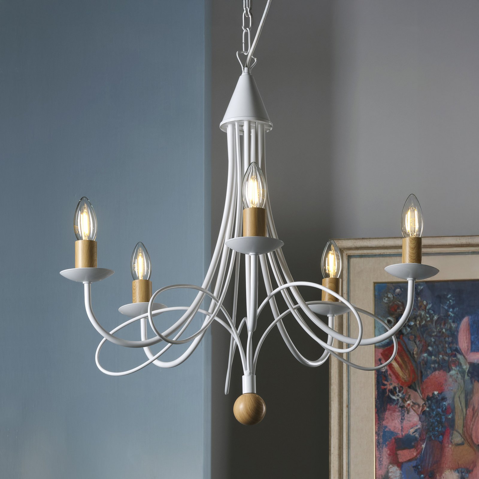 Lustre Milvia, à 5 lampes, blanc/bois, métal