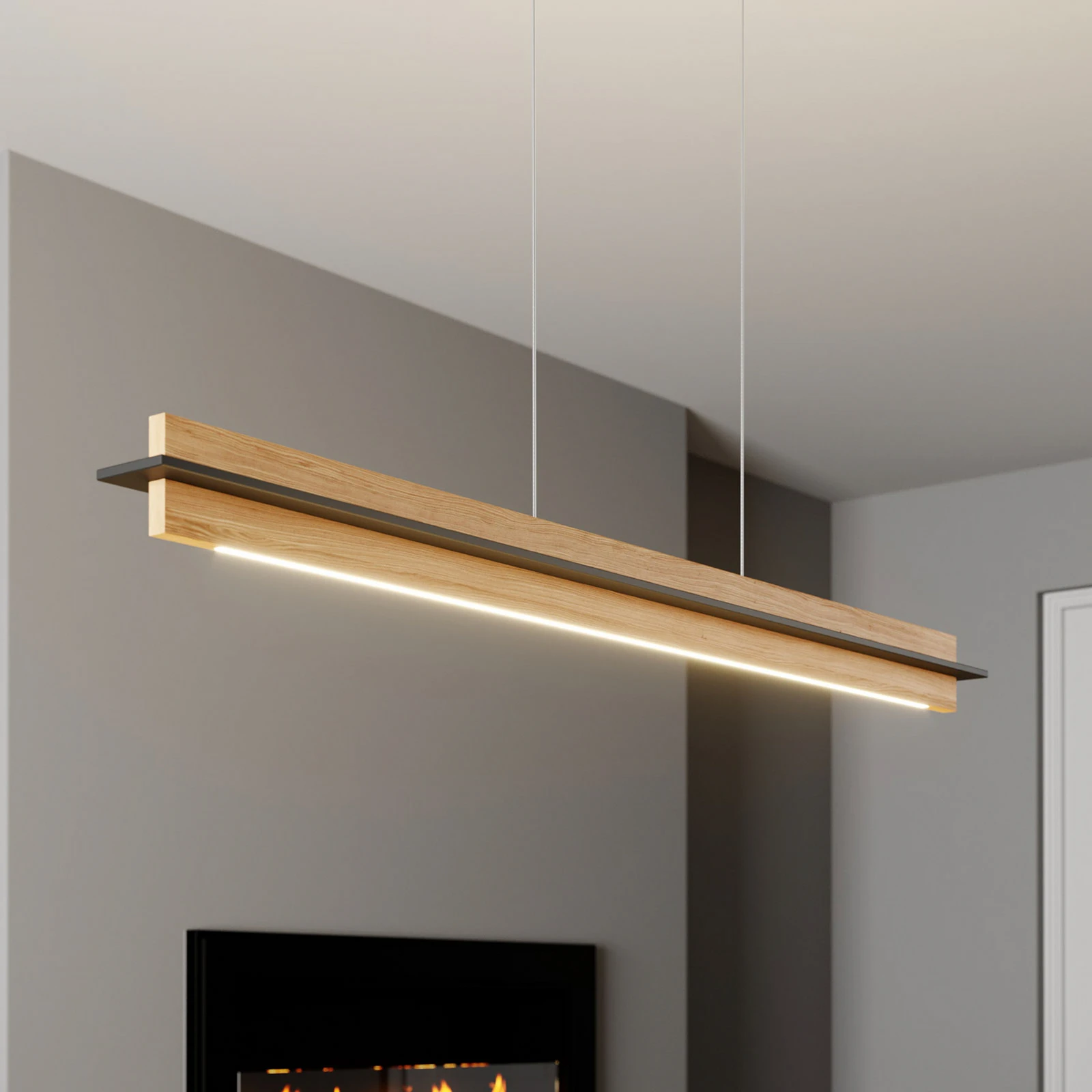 Quitani LED hanging light Lexa, oak/black, length 118 cm | Lights
