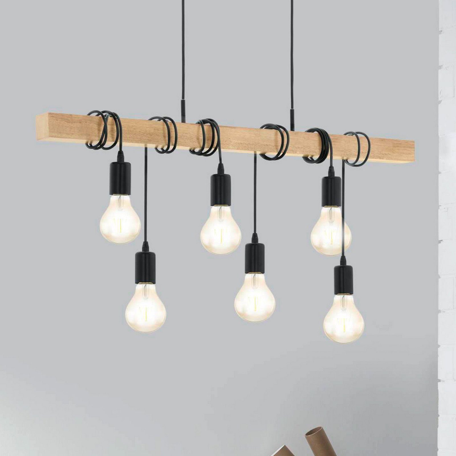 EGLO Townshend lampă suspendată cu lemn șase surse - Camera de zi / sufragerie - Design industrial - lemn culoare deschisă negru