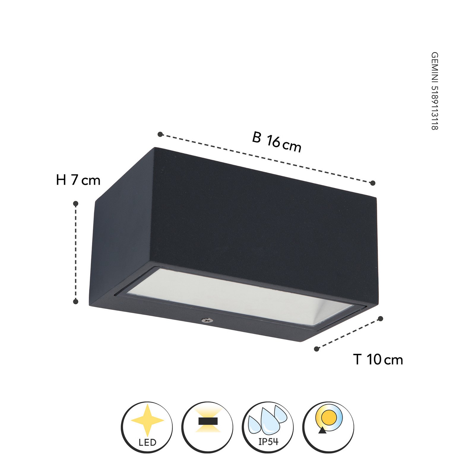 Außenwandlampe Gemini eckig anthrazit 16cm 3.000K
