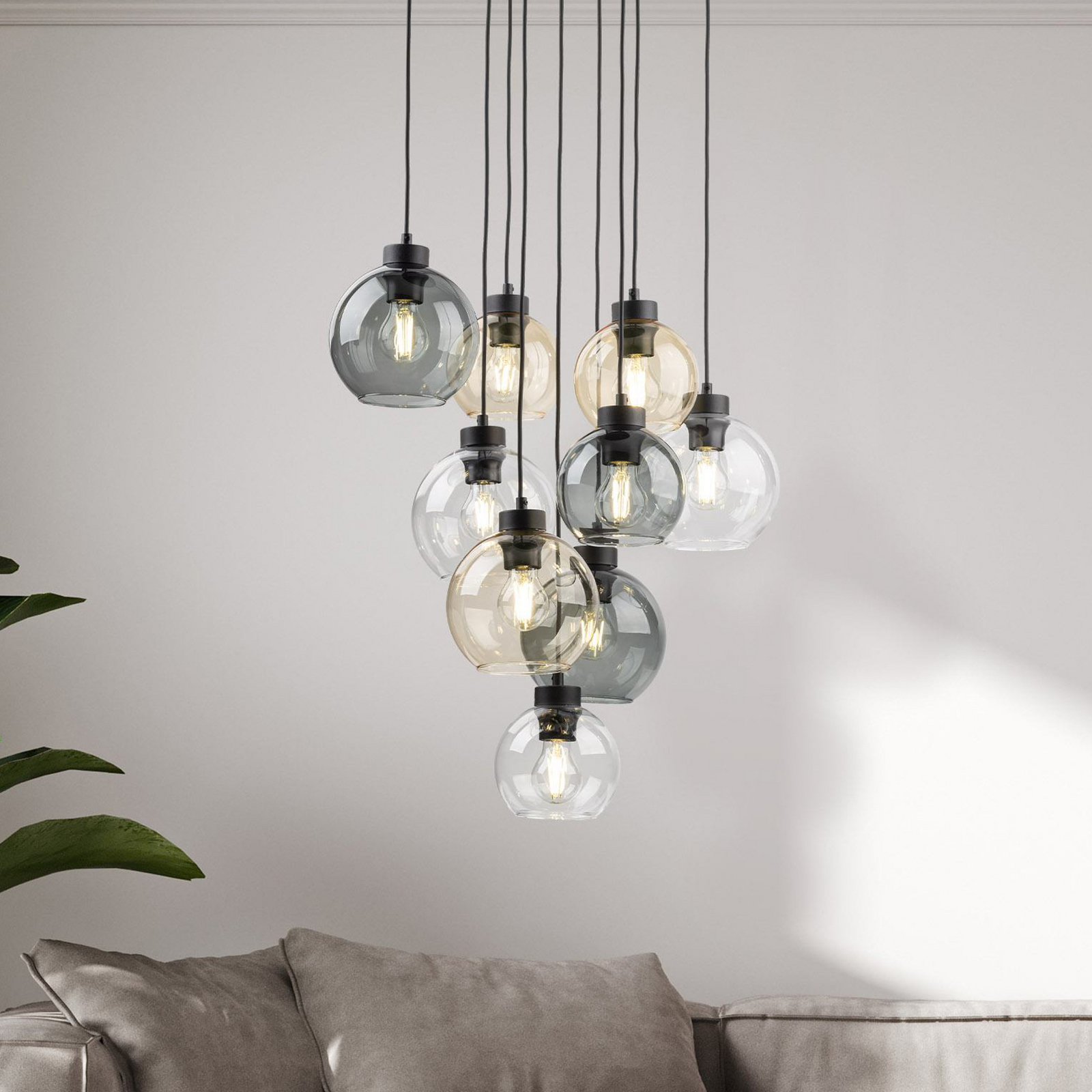 Suspension Cubus Mix, Ø 58 cm, à 9 lampes, multicolore, verre, E27