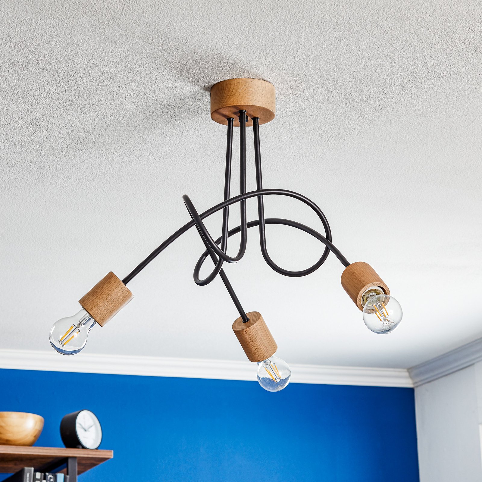 Tarnow ceiling light three-bulb, wood