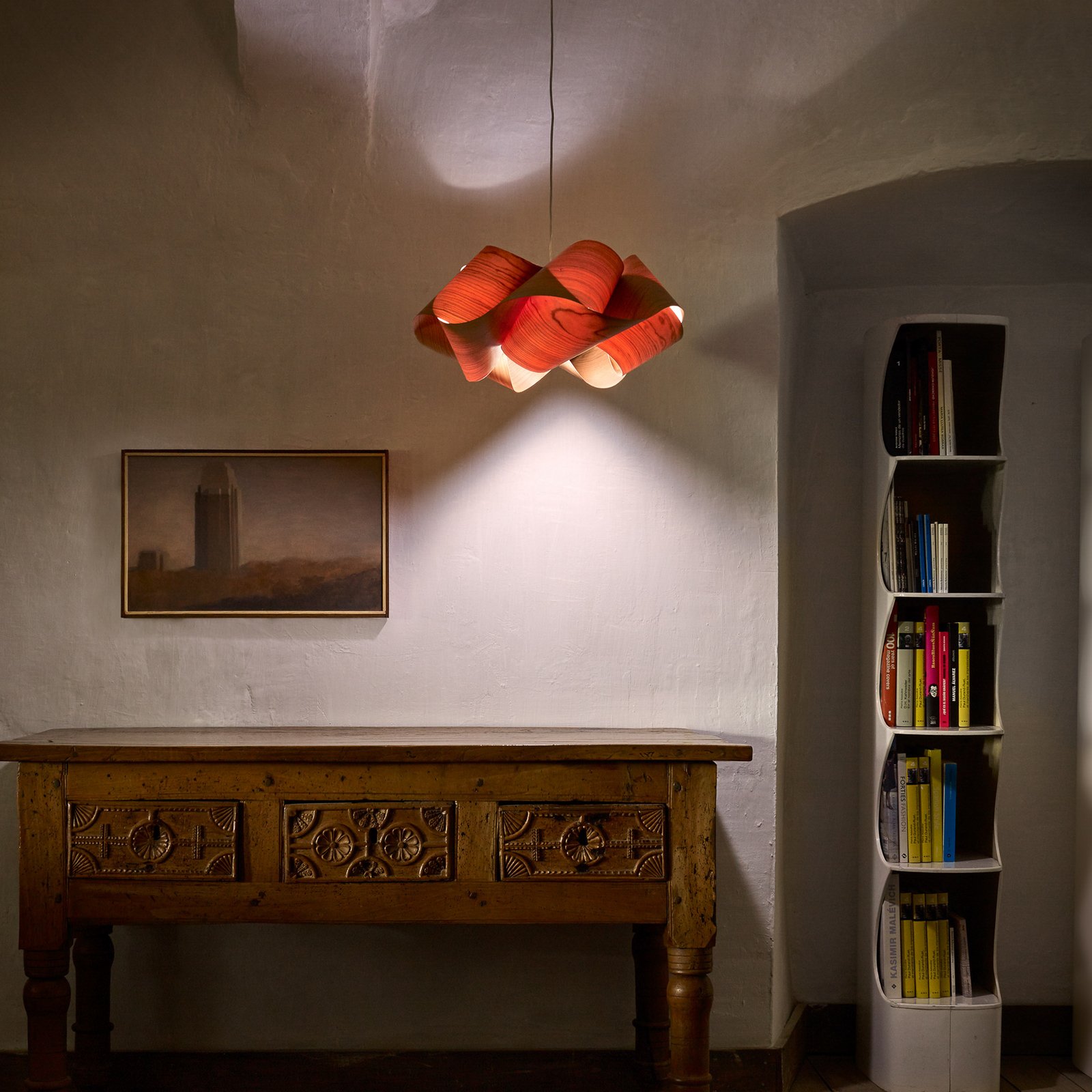 LZF hengelampe Swirl, kirsebærtre-/nikkel, Ø 75 cm Tre