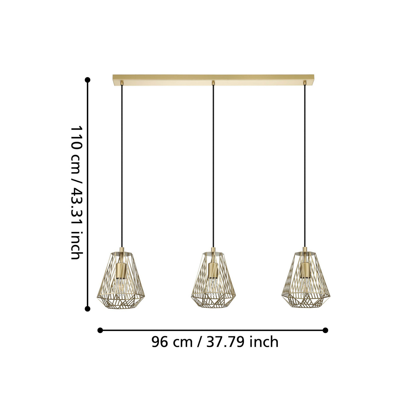 Stype hanging light, gold-coloured, length 96 cm, steel, 3-bulb.