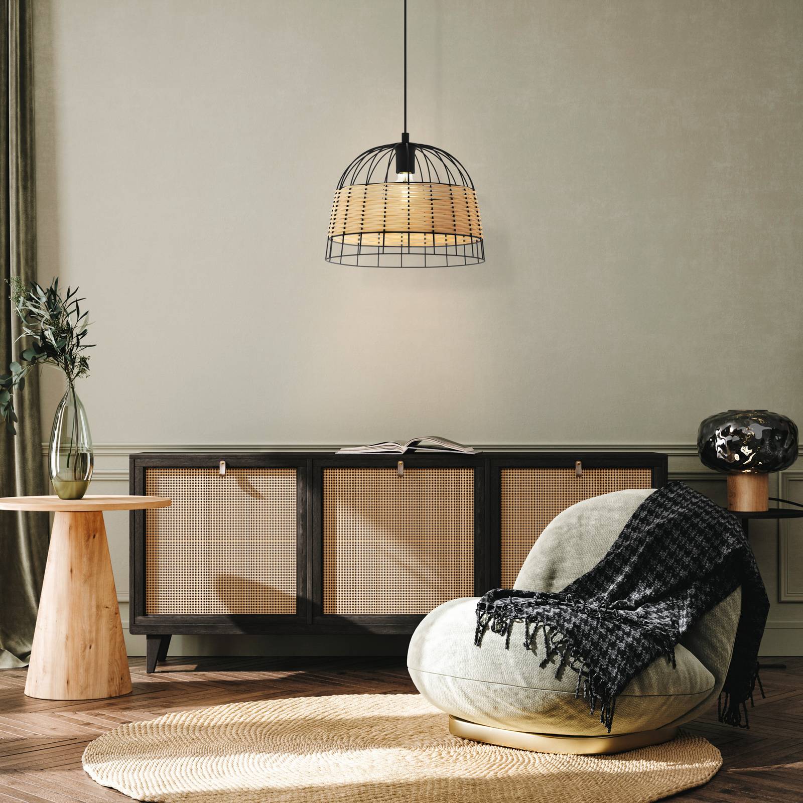 EGLO Hanglamp Anwick van staal/rotan, Ø 37 cm