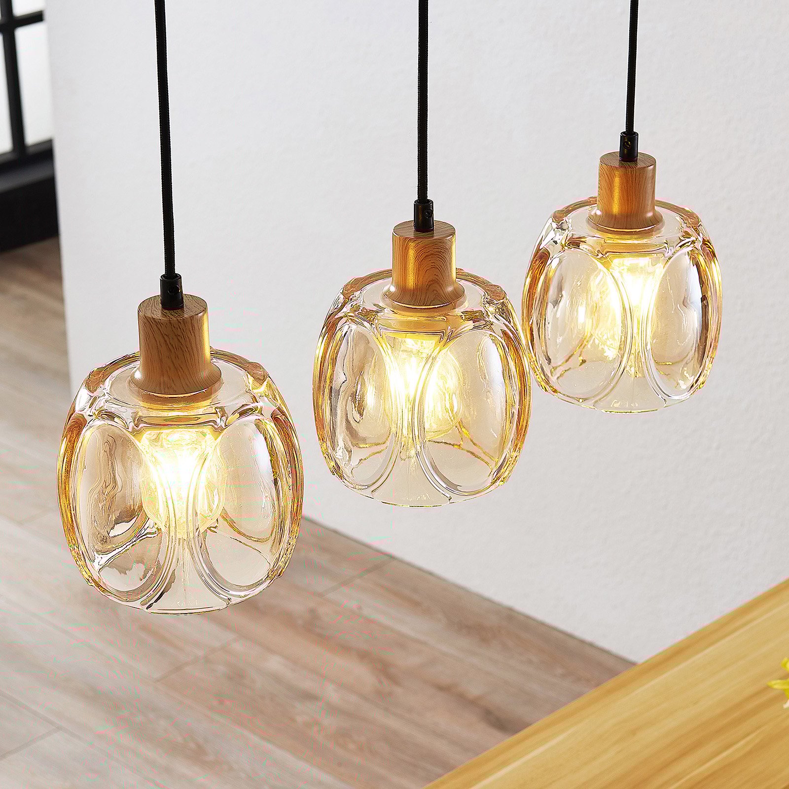 Lindby Jeromal pendant light, glass, amber, 3-bulb, for Living / Dining Room, glass, steel, E27, 60 W, energy efficiency: A++, L: 48 cm, W: 15 cm