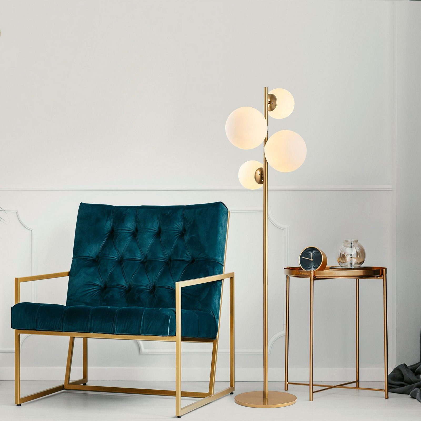 Vloerlamp Fazli, goud, glas/metaal, hoogte 162 cm, E14