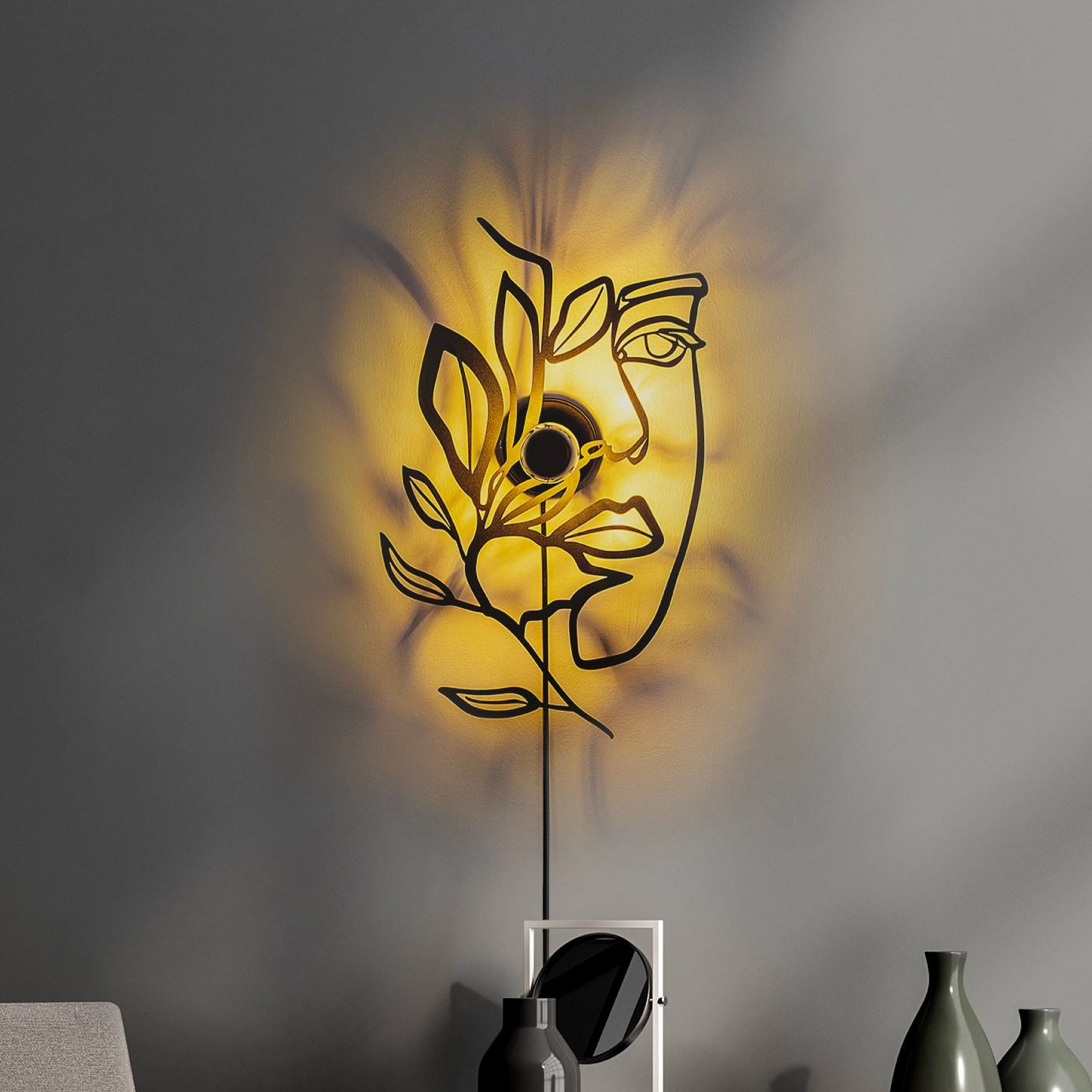 Seinavalgusti Flower Faced, must, metall, 54 x 34 cm, pistik