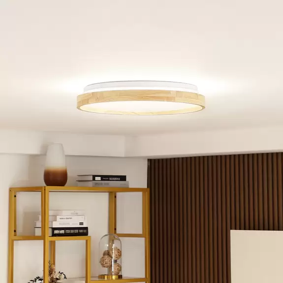 Lampenwelt Lindby Smart LED-Deckenleuchte Mirren Holz Ø49,5cm CCT Tuya