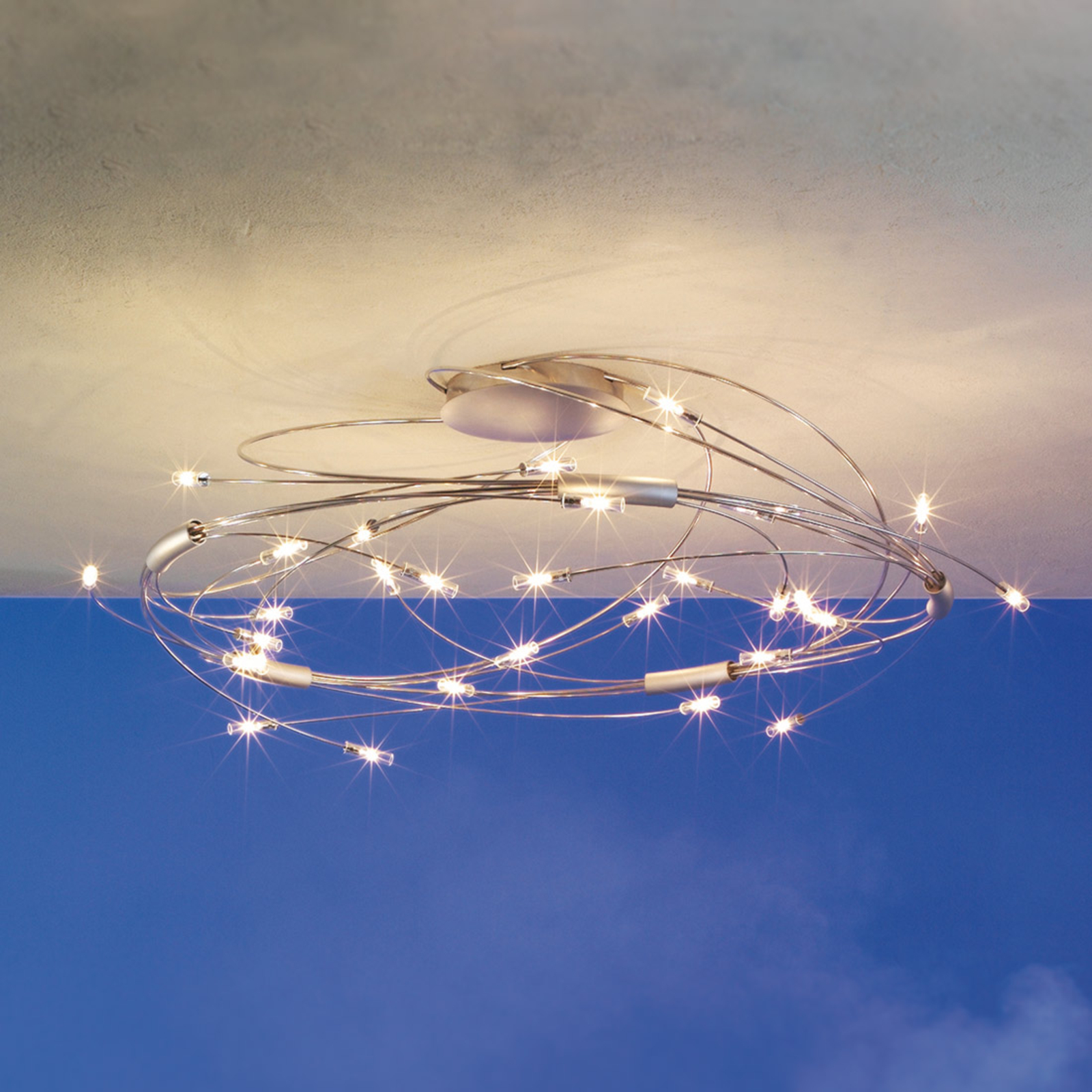 Escale 30-bulb ceiling light Spin, for Living / Dining Room, polished stainless steel, glass, G4, 10 W, energy efficiency: C, H: 30 cm