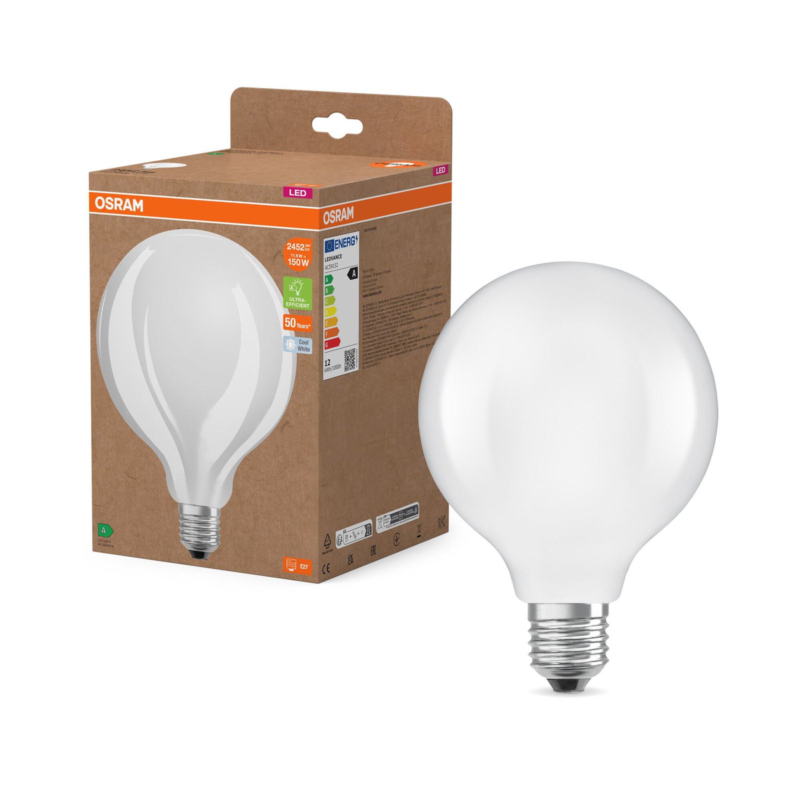 OSRAM LED-lampa Globe G125 E27 11,6W matt 4 000K