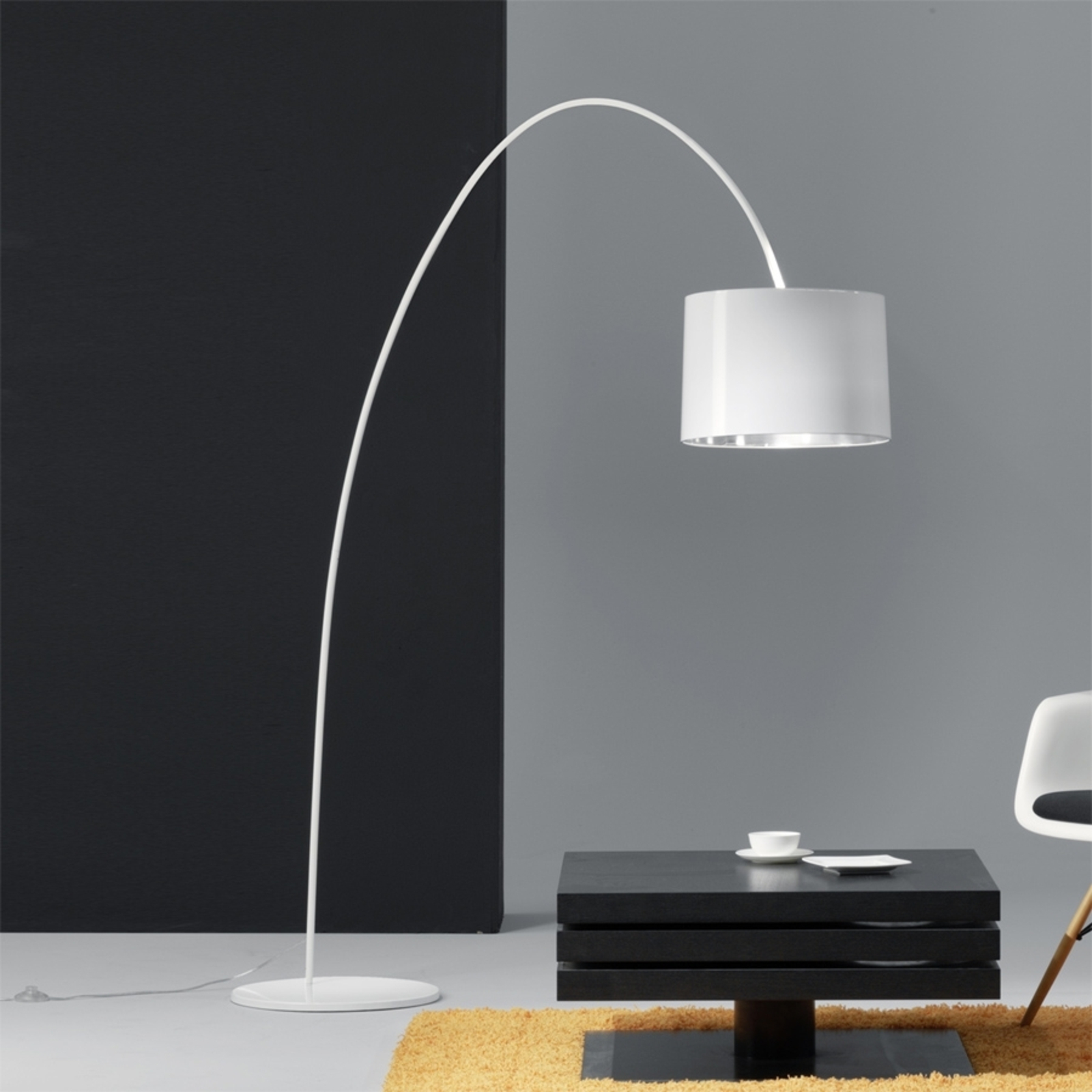 Helestra arc light Roxx, white, for Living / Dining Room, PVC, metal, E27, 100 W, energy efficiency: A++, L: 180 cm, W: 40 cm, H: 188 cm