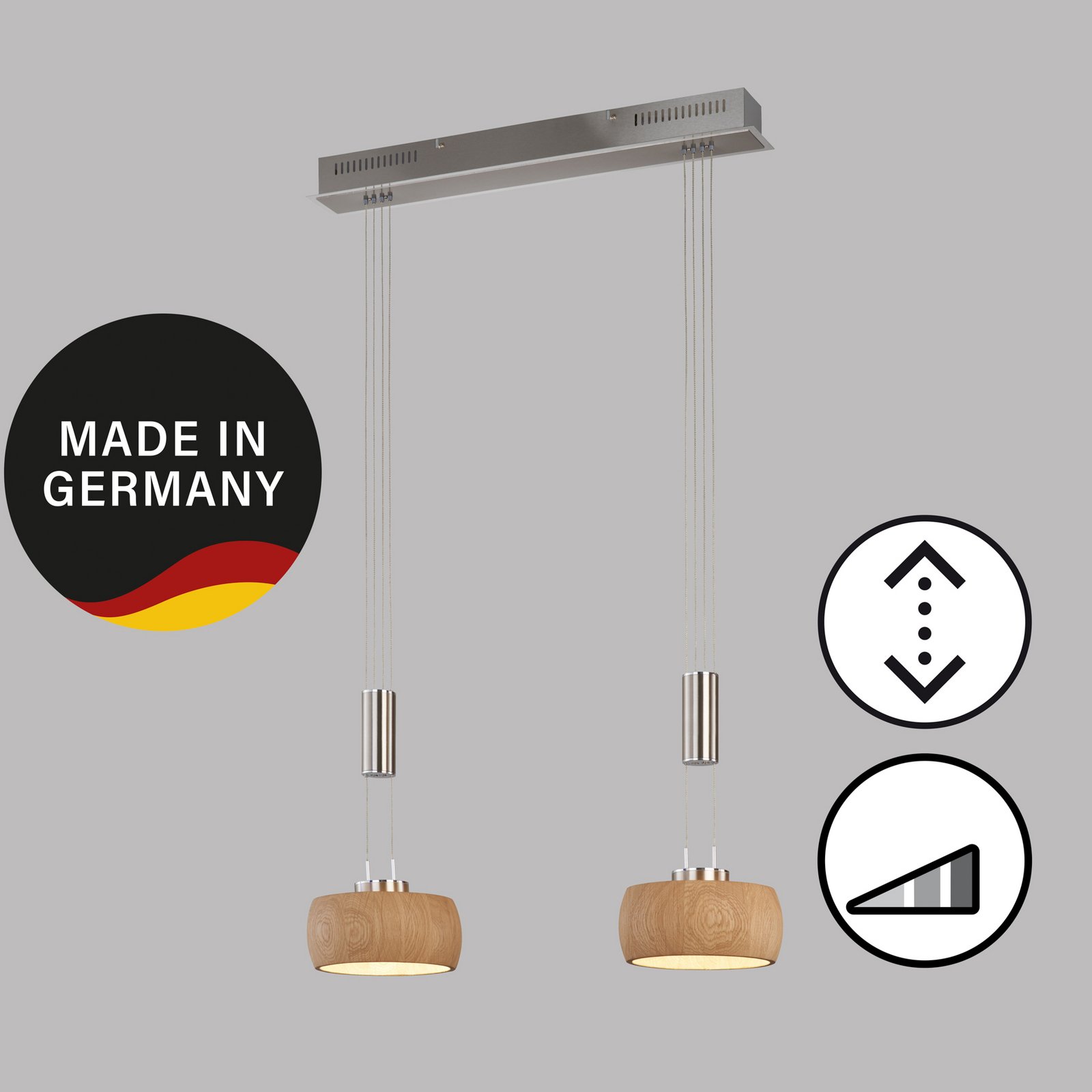 LED-Hängelampe Shine-Wood, Eichenholz/nickel, 65 cm, 2-flg.