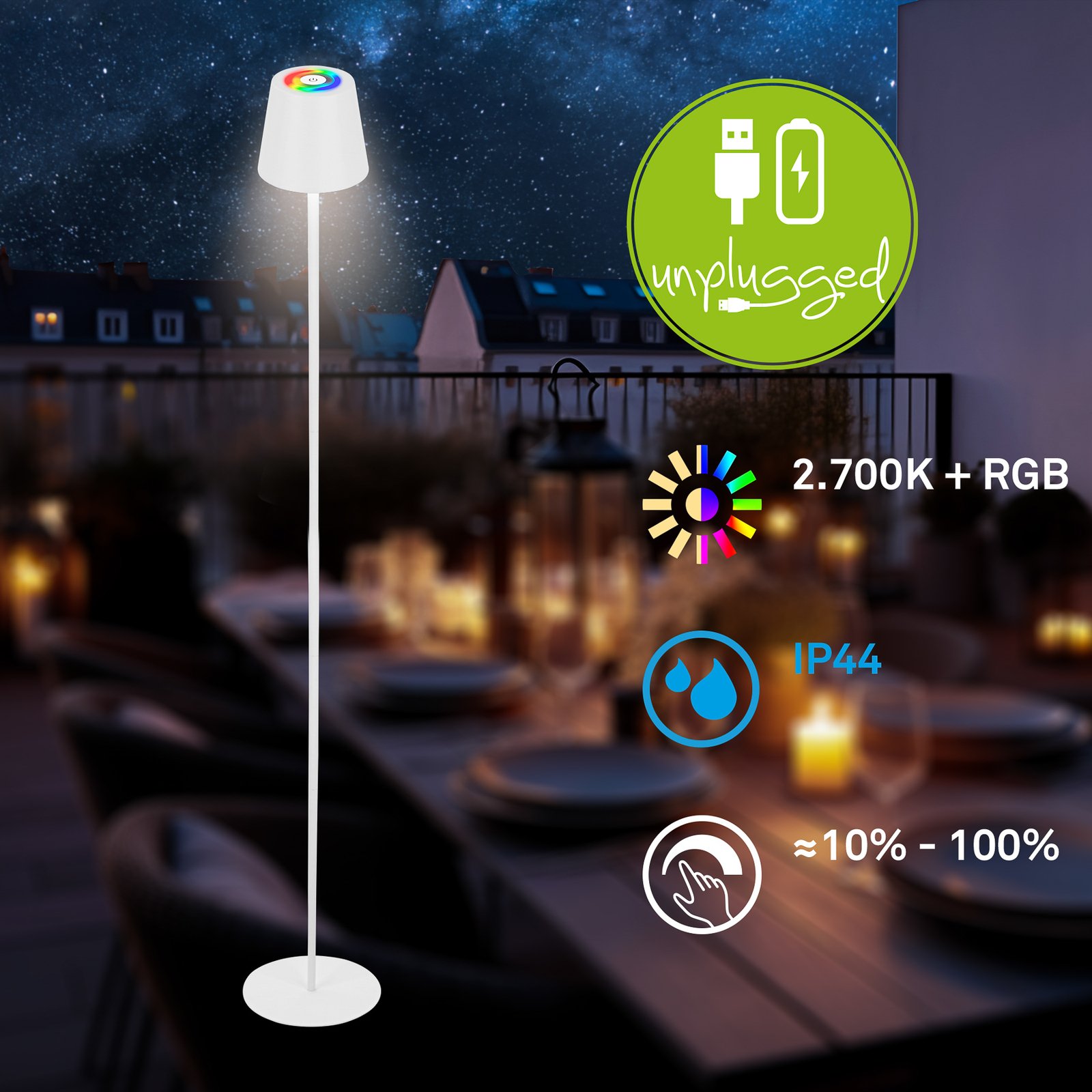 Coloris LED rechargeable floor lamp, white, RGB, dimmable, IP44, USB