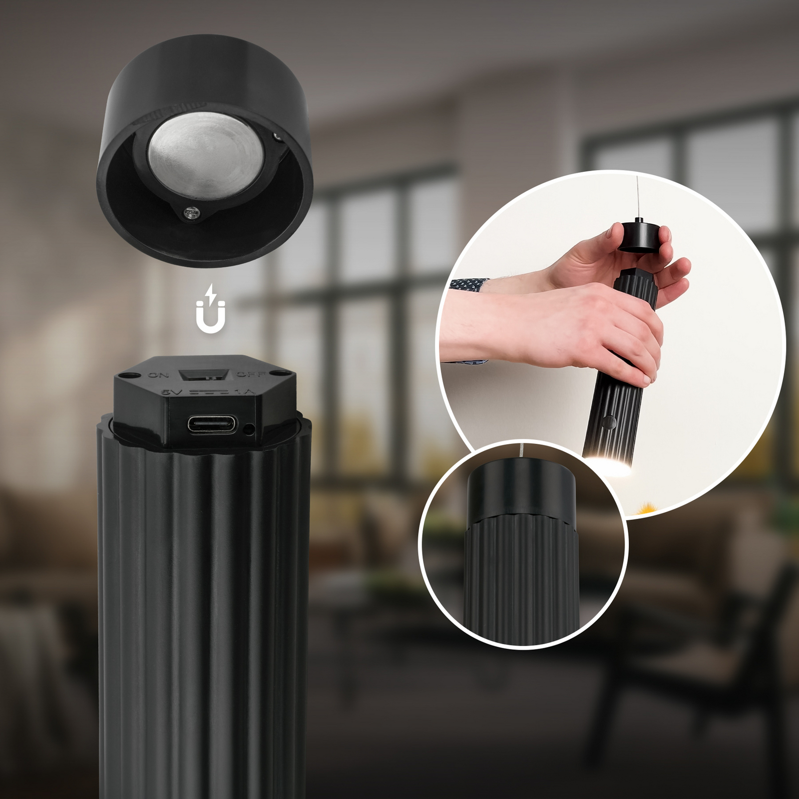 Lámpara colgante LED recargable Hang, negra, de plástico, atenuable