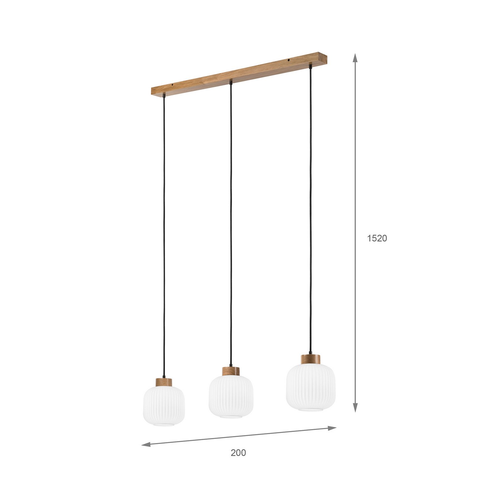 Harmony hanging light, length 110 cm, opal glass, oak, 3-bulb.