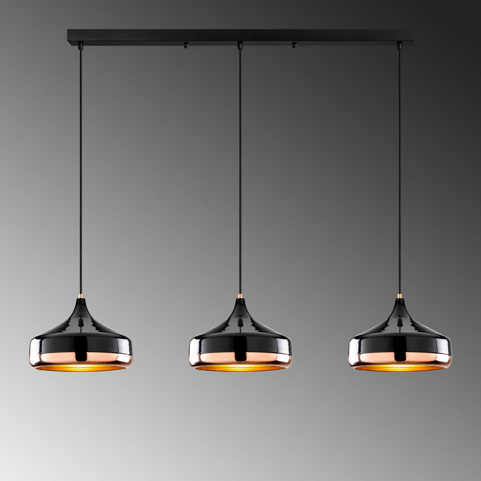 Yildo pendant light, length 146 cm, black/copper, 3-bulb