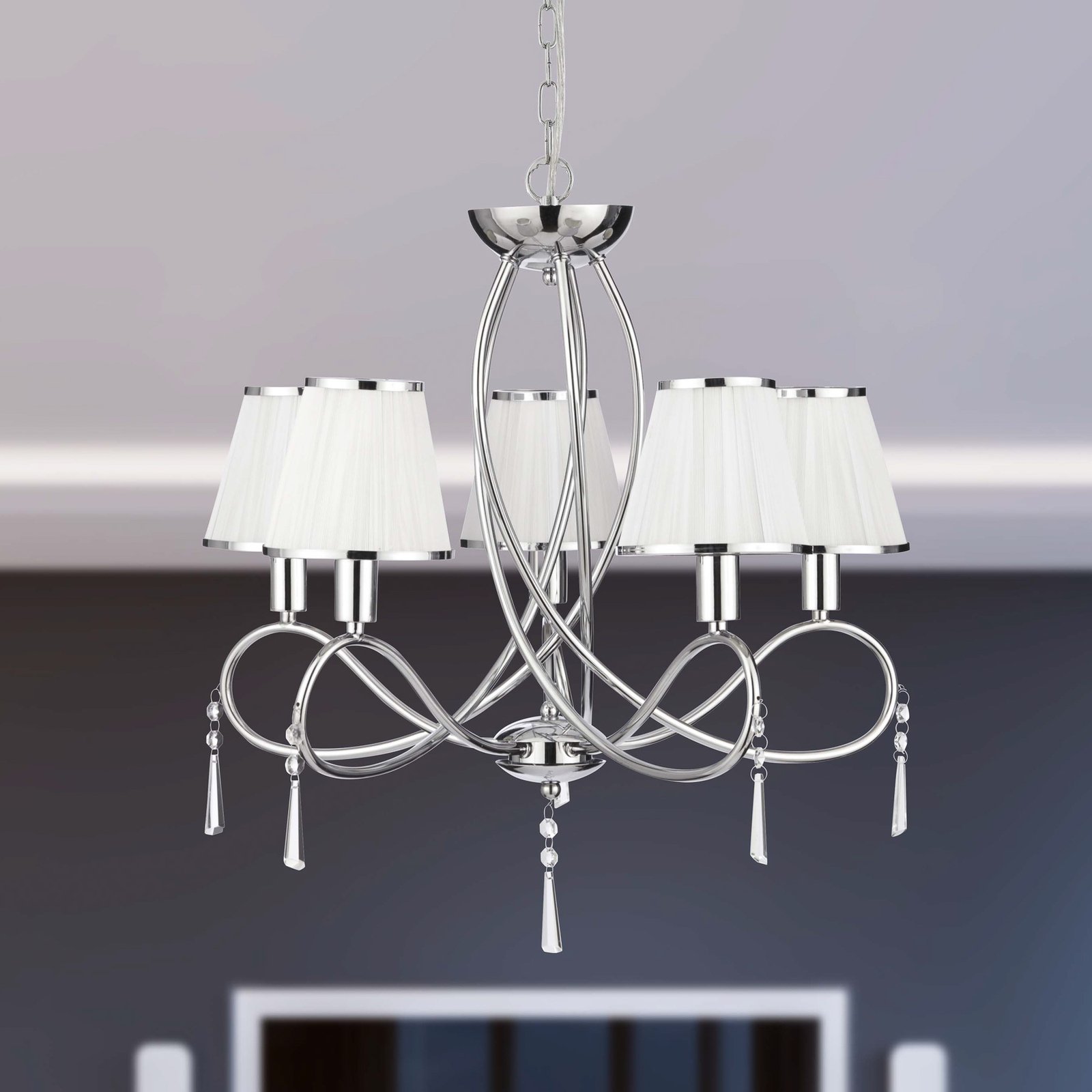 Lustre Simplicity, 5 lampes, tissu, chrome/blanc, E14