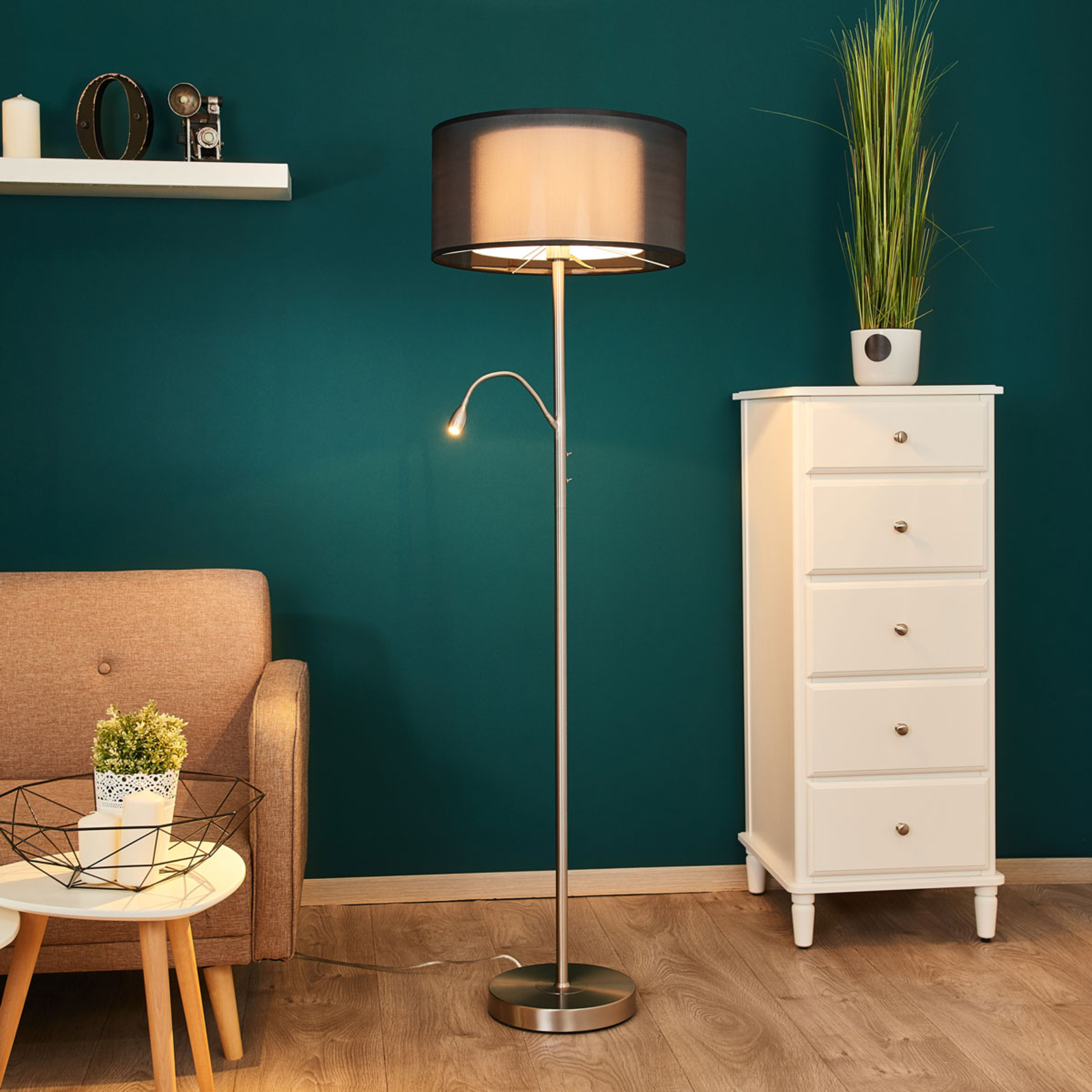 Freelight Damento floor lamp with a reading light, for Living / Dining Room, metal, organza, E27, 60 W, energy efficiency: A++, H: 167 cm