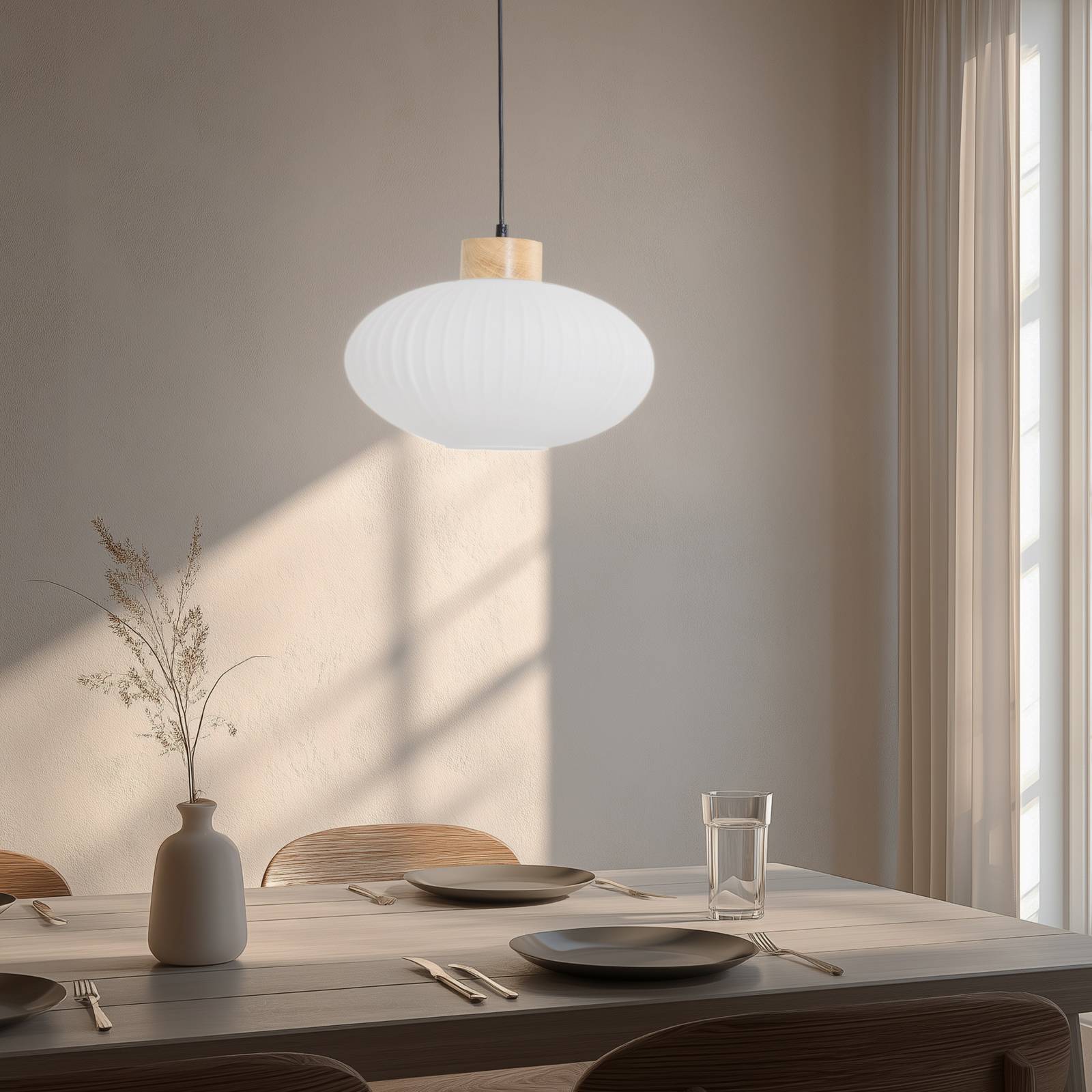 Hängeleuchte Harmony, Ø 25 cm, weiß/eiche, Glas/Holz günstig online kaufen