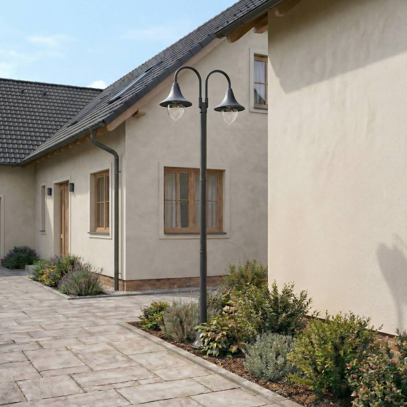 Lampa zewnętrzna Lindby Madea, szara, 2-punktowa, 212 cm, E27, IP44